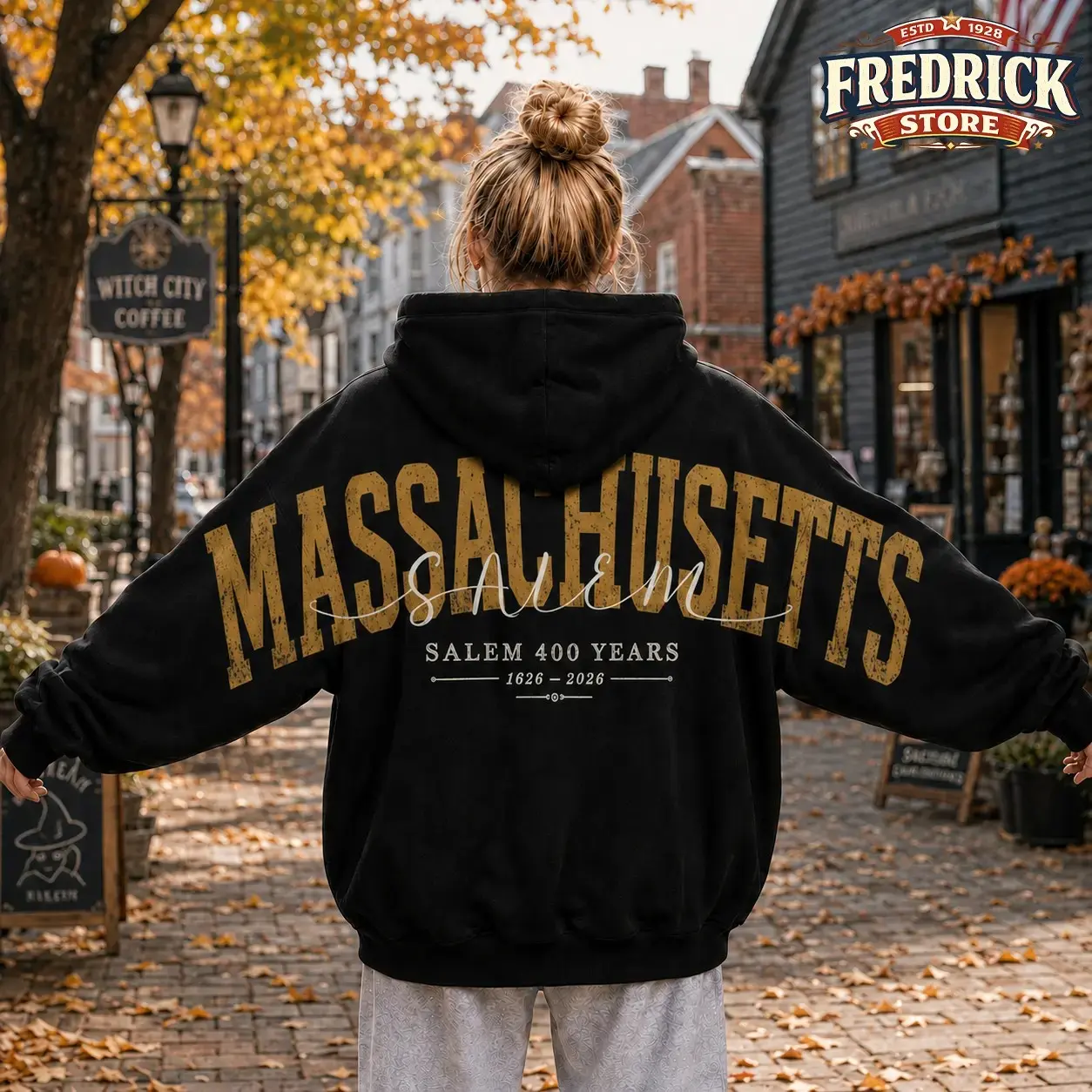 Retro Salem Massachusetts 400 Years Est 1626 Sweatshirt Hoodie, Shoulder-To-Shoulder Back Lettering