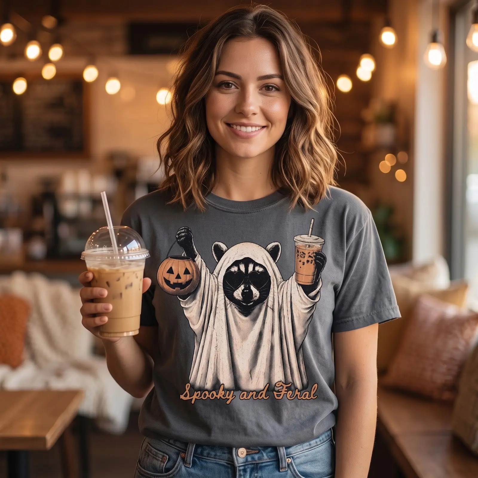 Retro Spooky Feral Raccoon Halloween T-Shirt for Women, Iced Coffee Ghost Graphic Tee, Cute Girl Mama Fall Top