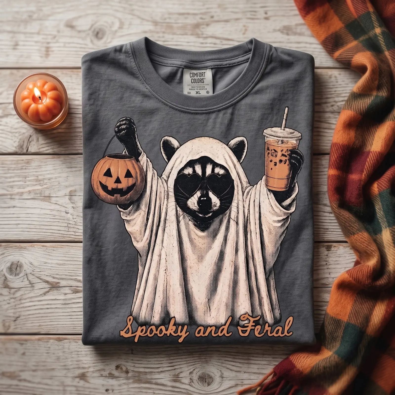 Retro Spooky Feral Raccoon Halloween T-Shirt for Women, Iced Coffee Ghost Graphic Tee, Cute Girl Mama Fall Top - photo 2