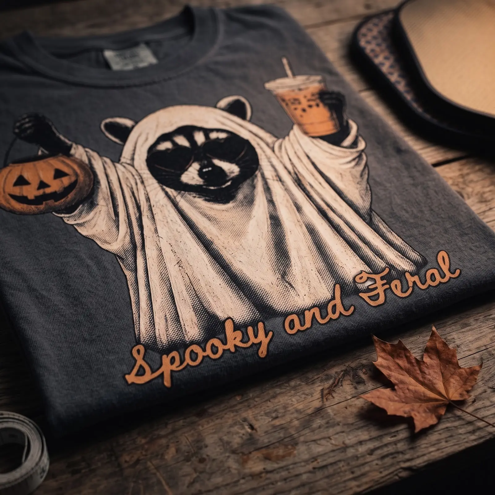Retro Spooky Feral Raccoon Halloween T-Shirt for Women, Iced Coffee Ghost Graphic Tee, Cute Girl Mama Fall Top - photo 3