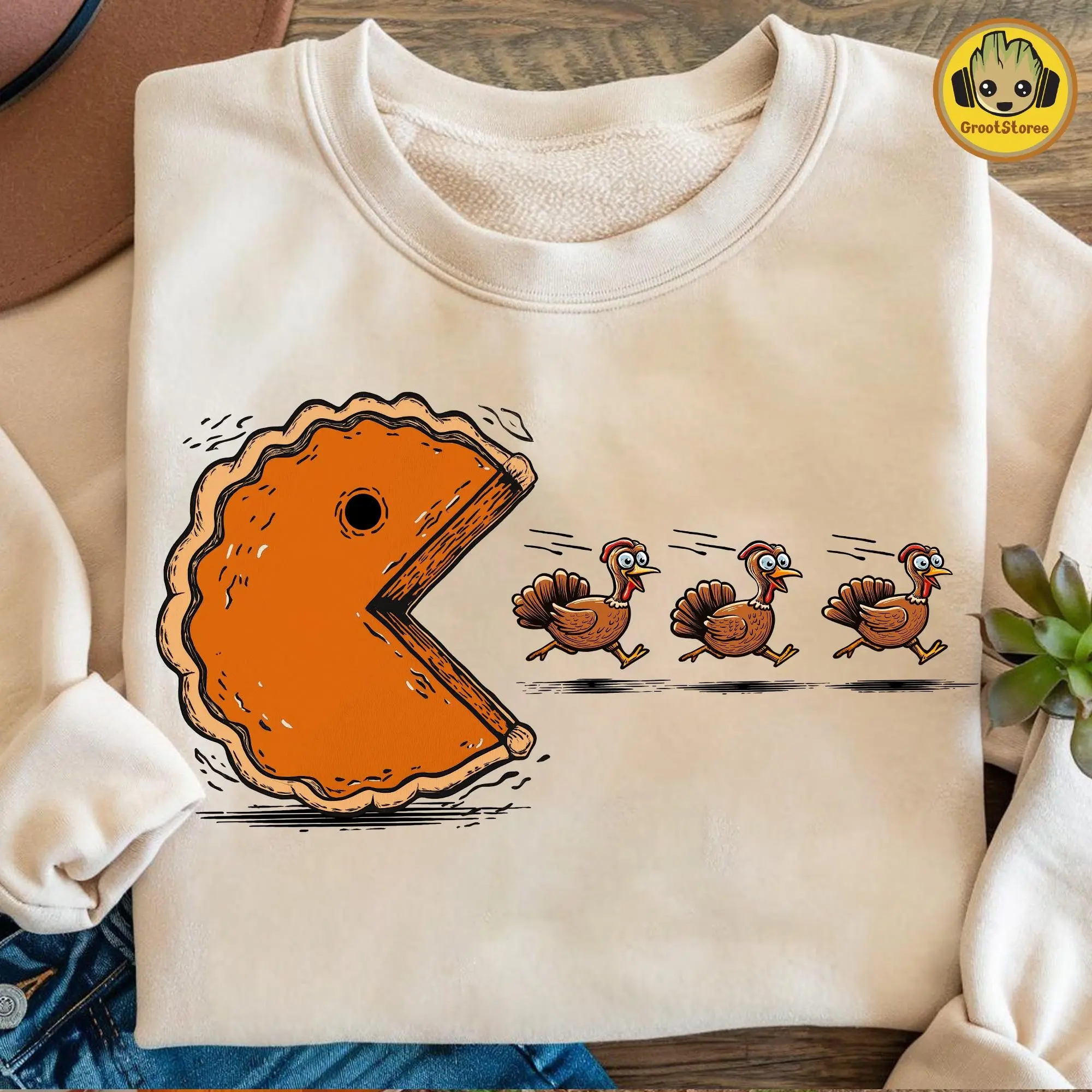 Retro Thanksgiving Pumpkin Pie Chasing Turkey Sweatshirt, Funny Fall Vibes Graphic Crewneck
