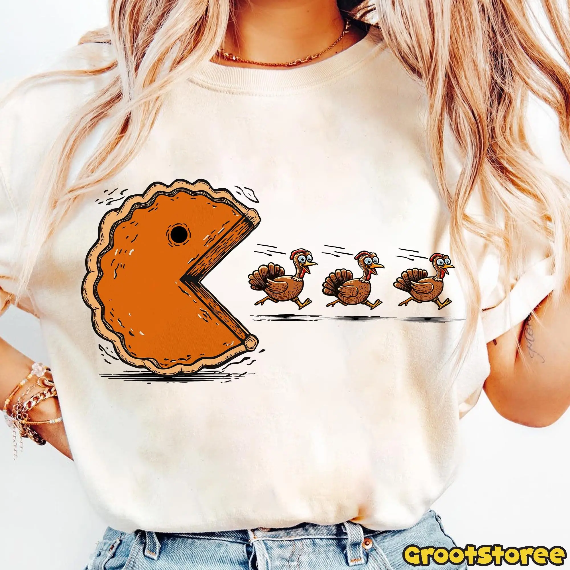 Retro Thanksgiving Pumpkin Pie Chasing Turkey Sweatshirt, Funny Fall Vibes Graphic Crewneck - photo 2