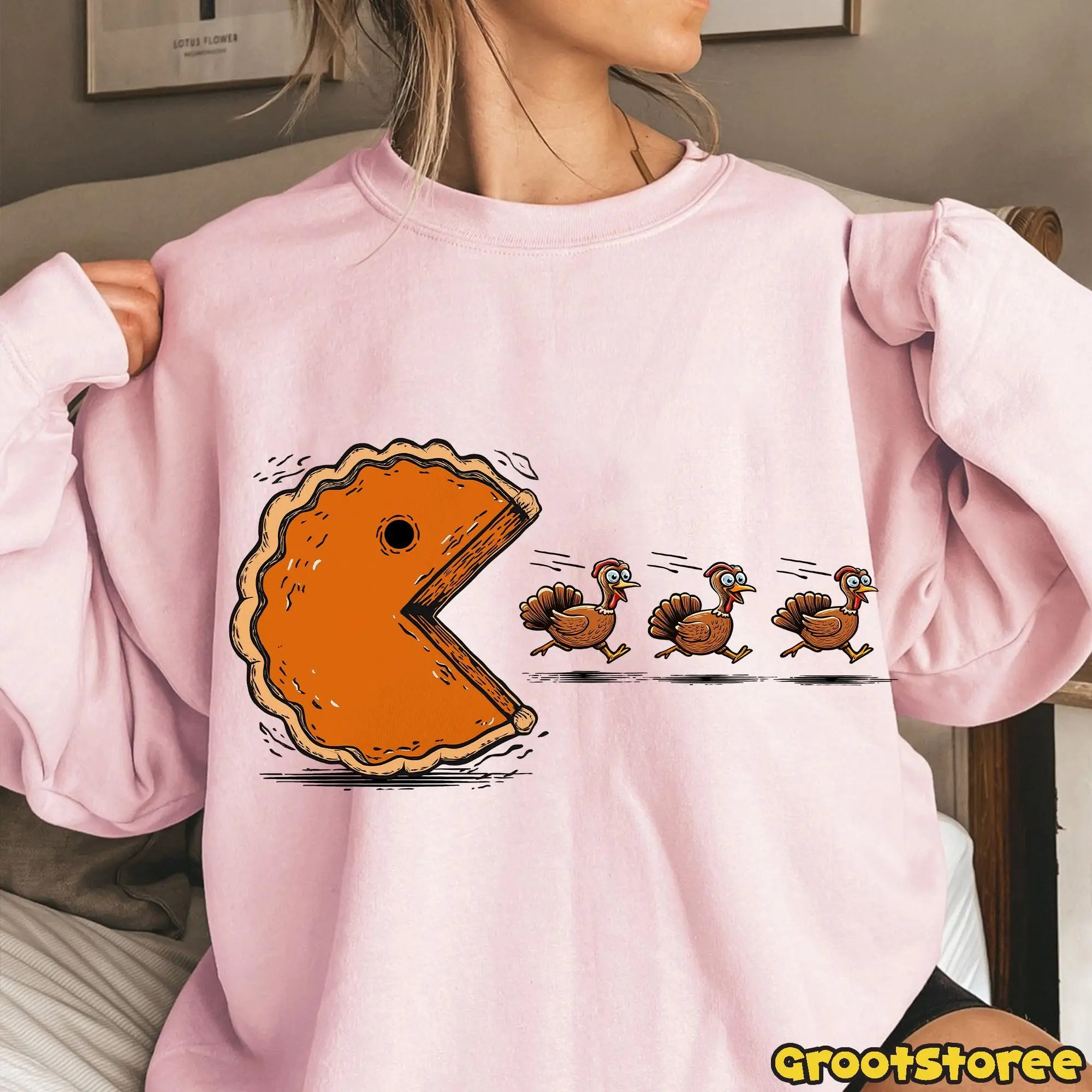 Retro Thanksgiving Pumpkin Pie Chasing Turkey Sweatshirt, Funny Fall Vibes Graphic Crewneck - photo 3