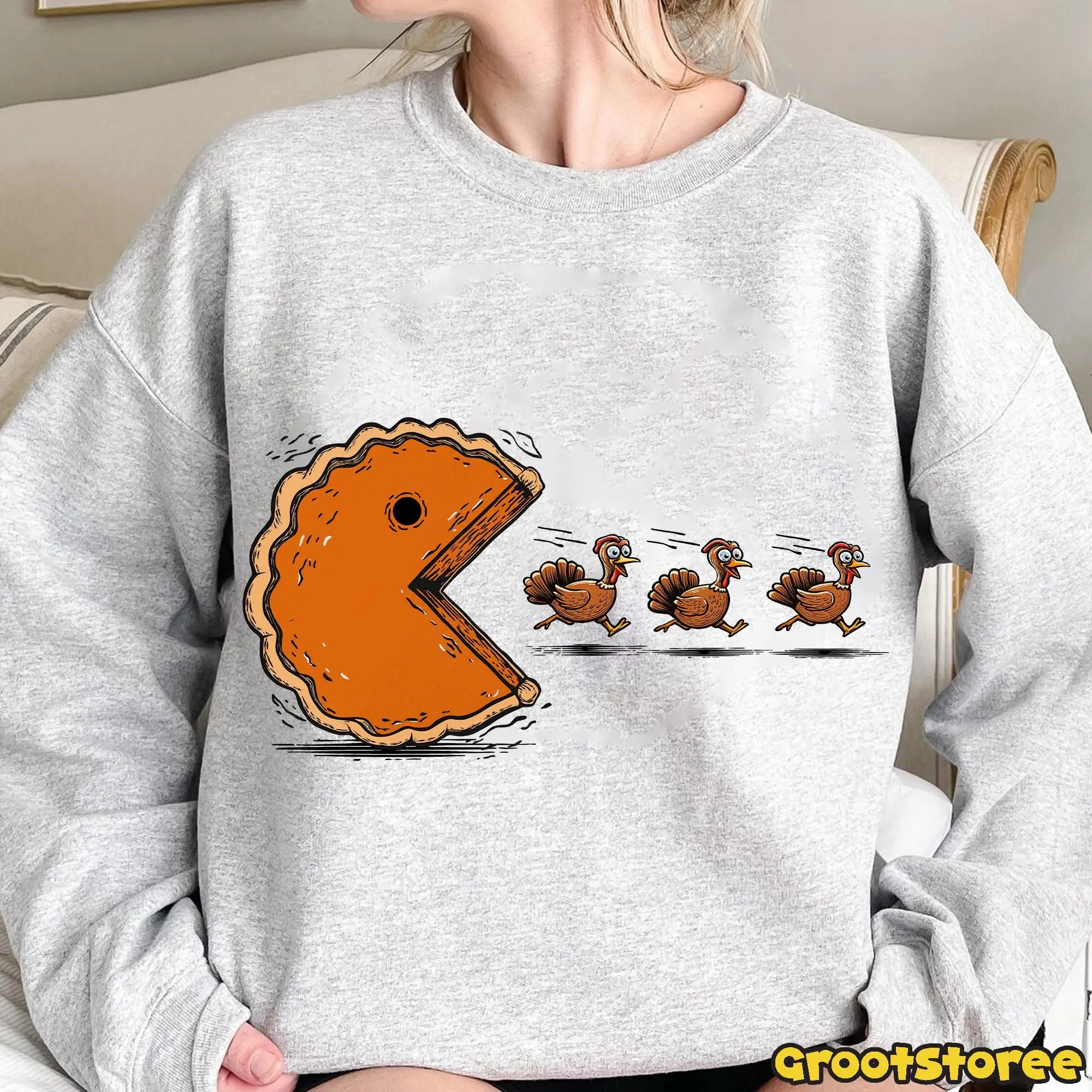 Retro Thanksgiving Pumpkin Pie Chasing Turkey Sweatshirt, Funny Fall Vibes Graphic Crewneck - photo 5