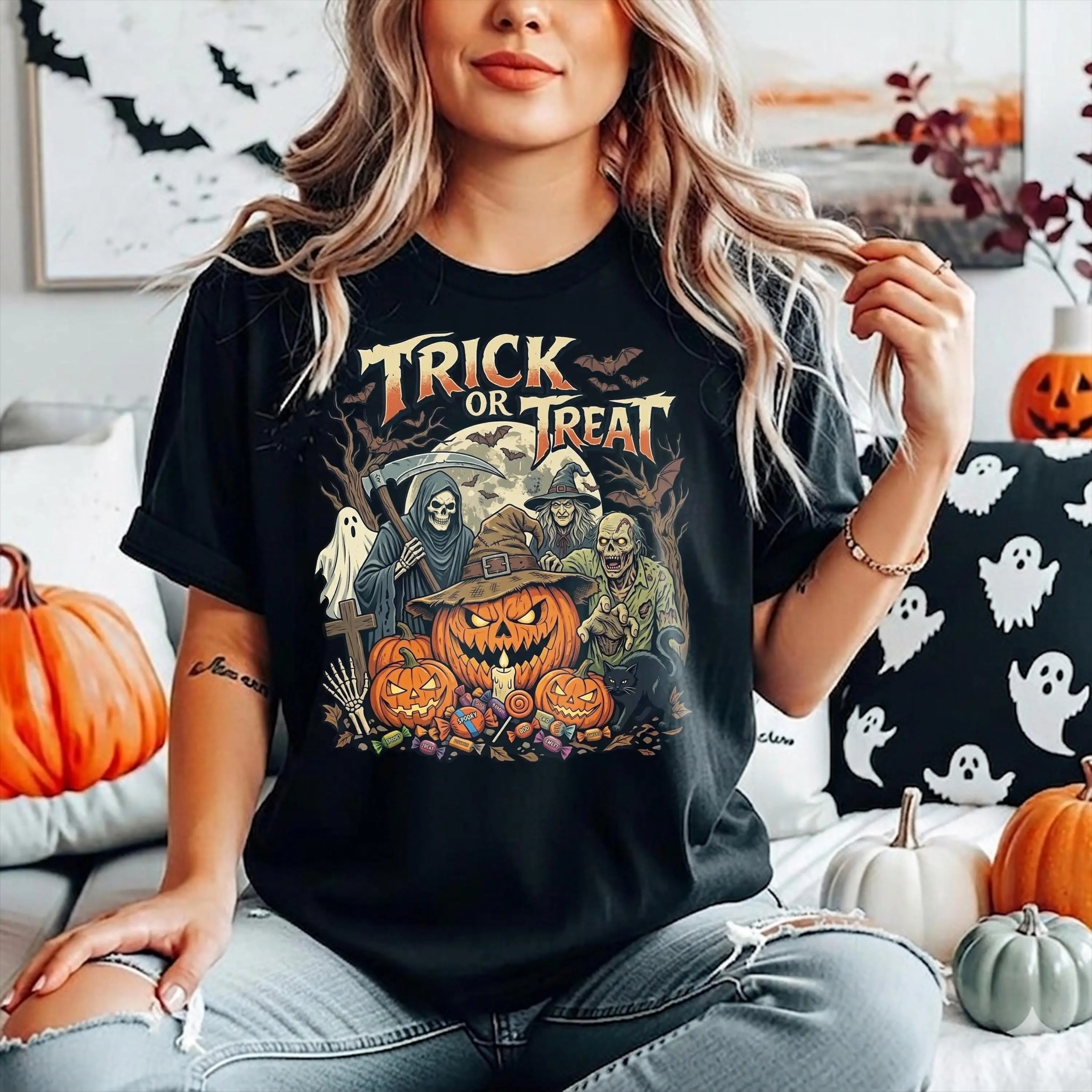 Retro Trick or Treat Halloween Shirt for Women, Vintage Ghost Tee, Trendy Spooky Season Top, Cute Fall Family Matching Outfit - photo 2