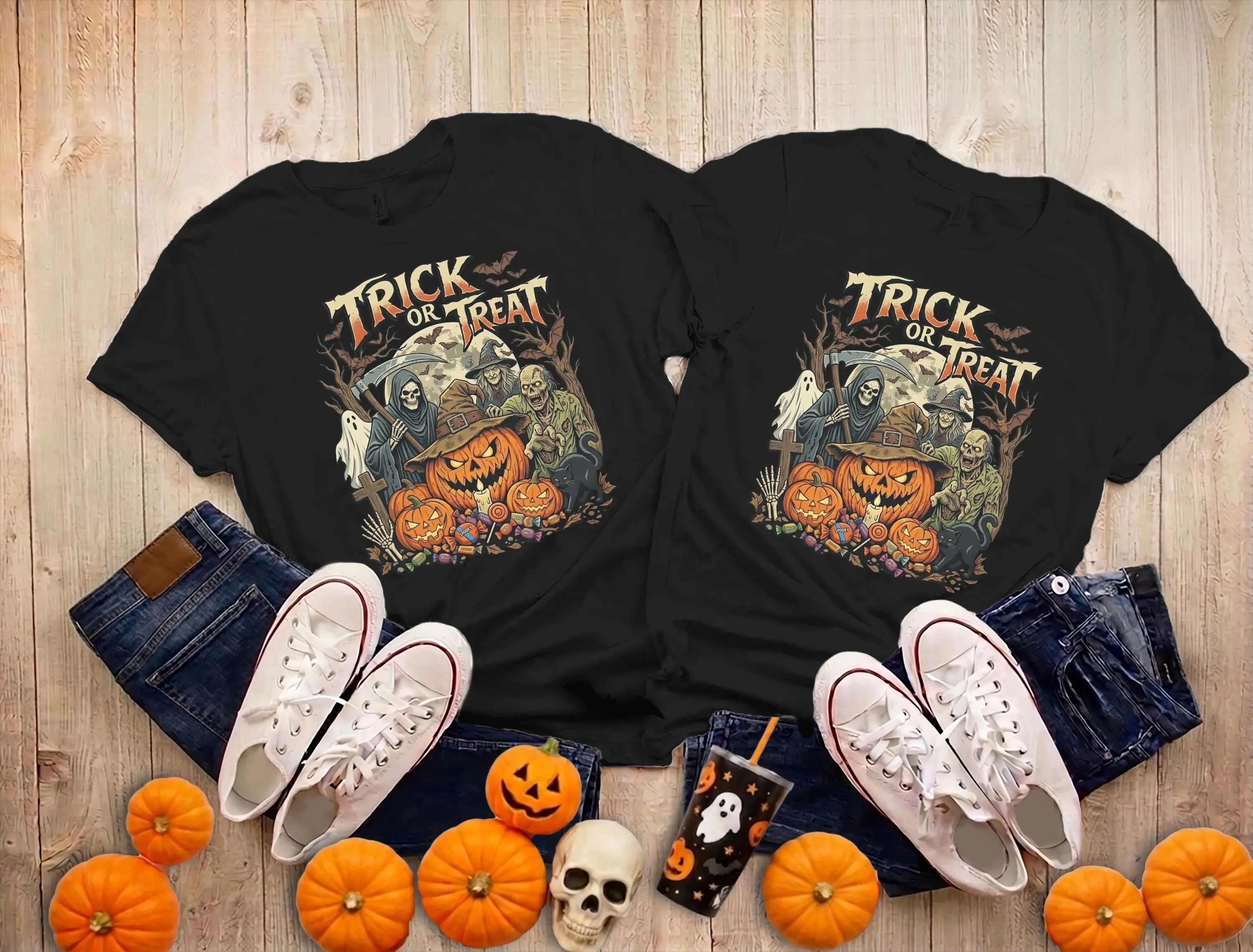 Retro Trick or Treat Halloween Shirt for Women, Vintage Ghost Tee, Trendy Spooky Season Top, Cute Fall Family Matching Outfit - photo 3