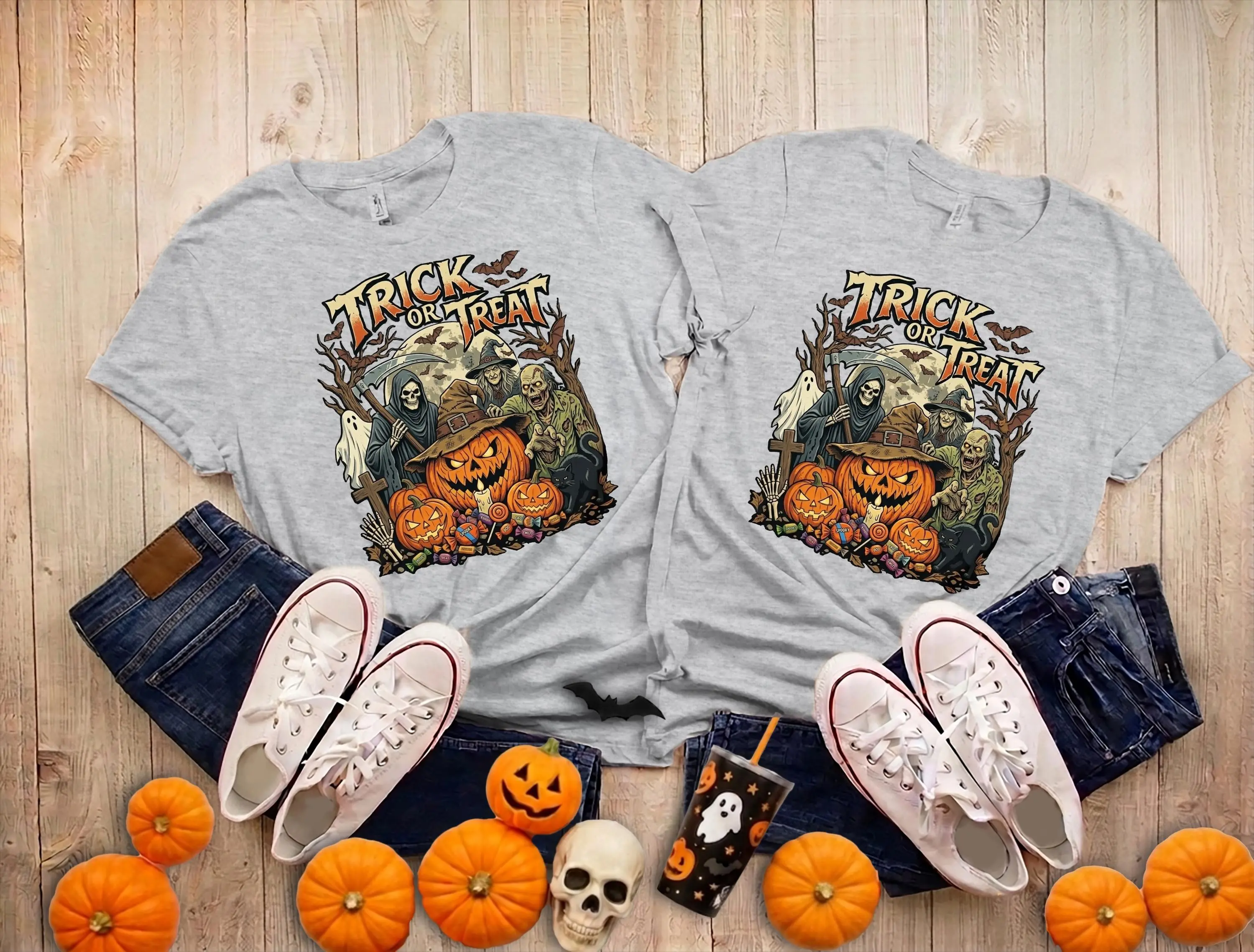 Retro Trick or Treat Halloween Shirt for Women, Vintage Ghost Tee, Trendy Spooky Season Top, Cute Fall Family Matching Outfit - photo 4