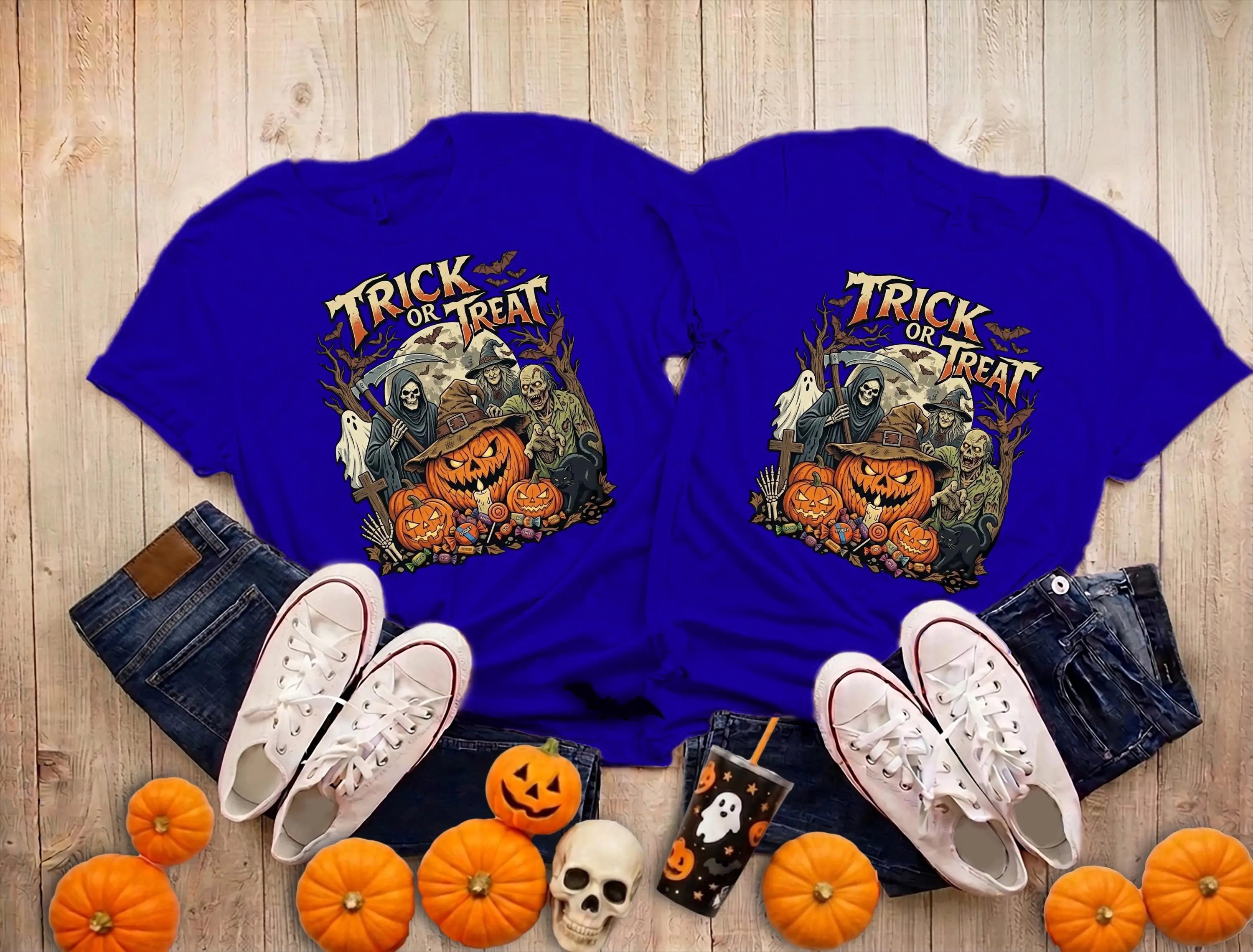Retro Trick or Treat Halloween Shirt for Women, Vintage Ghost Tee, Trendy Spooky Season Top, Cute Fall Family Matching Outfit - photo 5