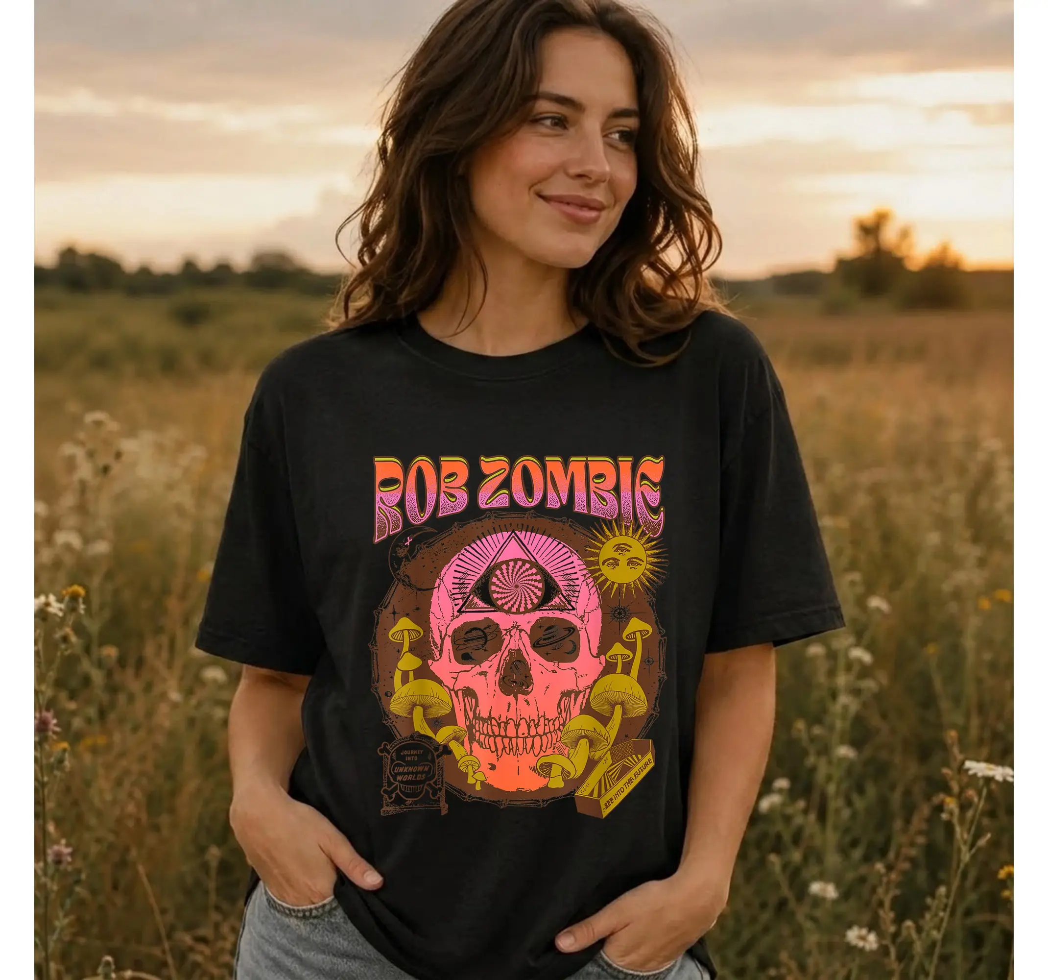 Rob Zombie Trippy Acid Skull Graphic Tee, Vintage Yellow Heavy Metal Rock T-Shirt
