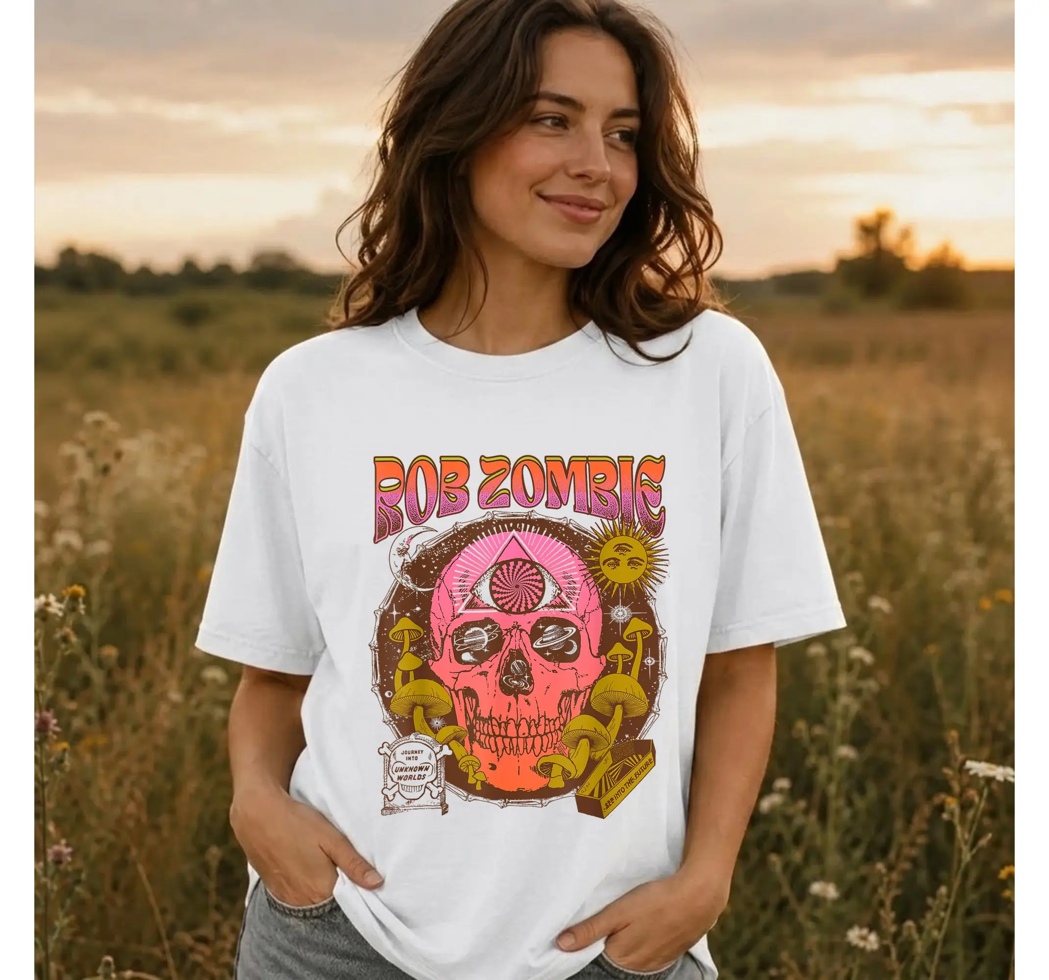 Rob Zombie Trippy Acid Skull Graphic Tee, Vintage Yellow Heavy Metal Rock T-Shirt - photo 2