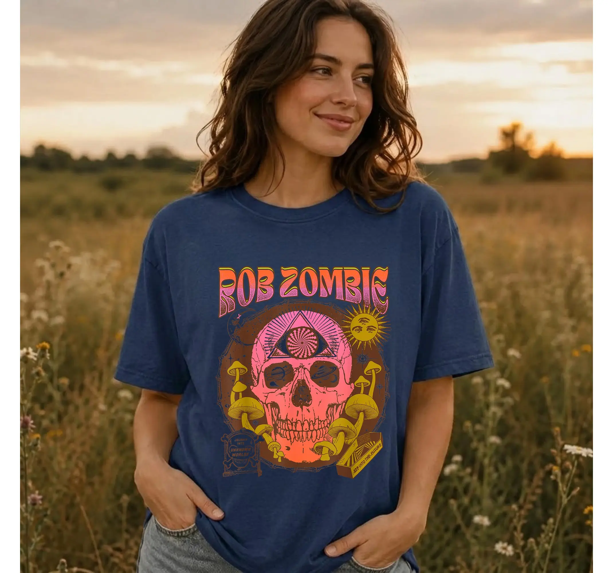 Rob Zombie Trippy Acid Skull Graphic Tee, Vintage Yellow Heavy Metal Rock T-Shirt - photo 3