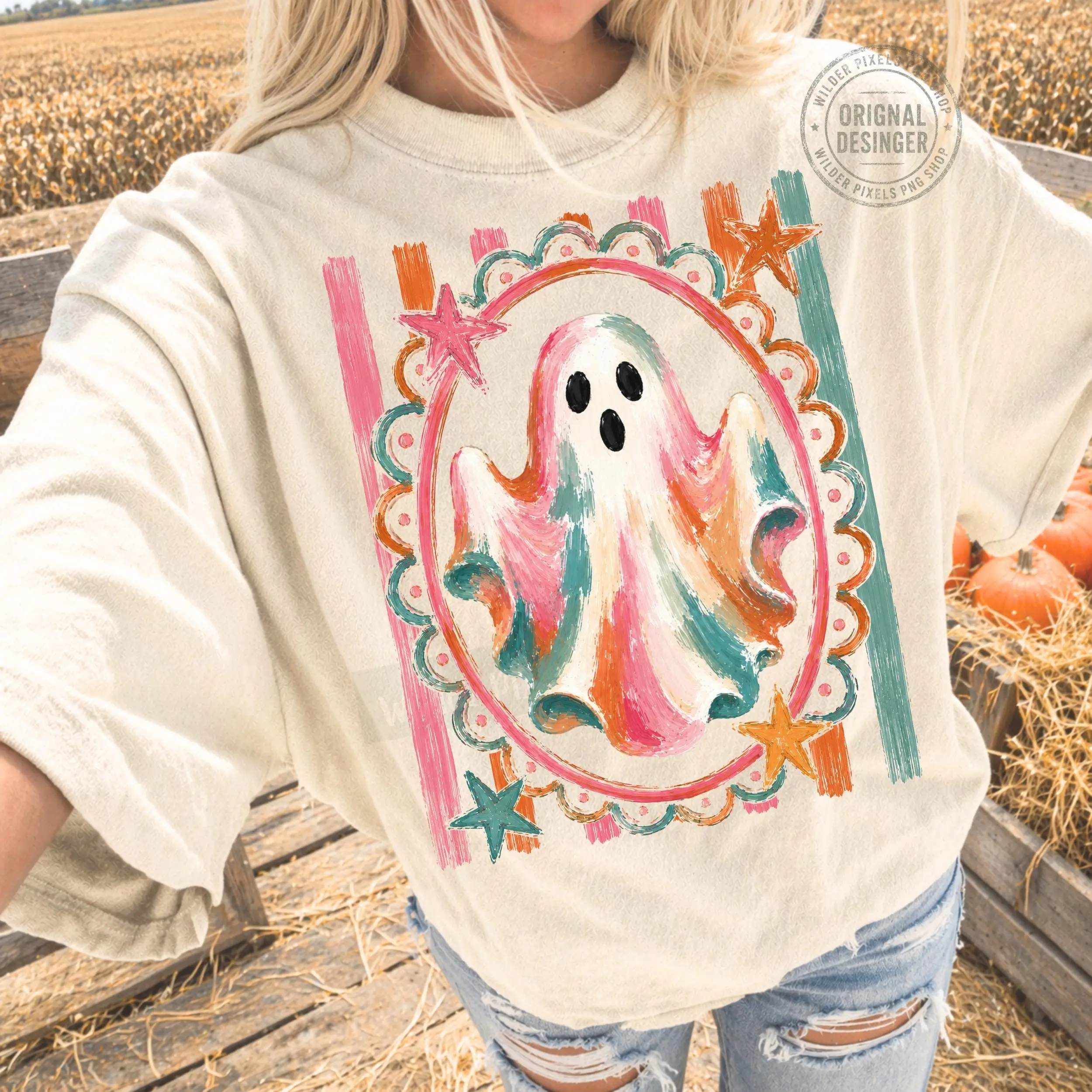 Rustic Ghost Witch Pumpkin Stripes Fall T-Shirt for Women, Vintage Autumn Graphic Tee, Cozy Minimalist Halloween Mom Top - photo 3