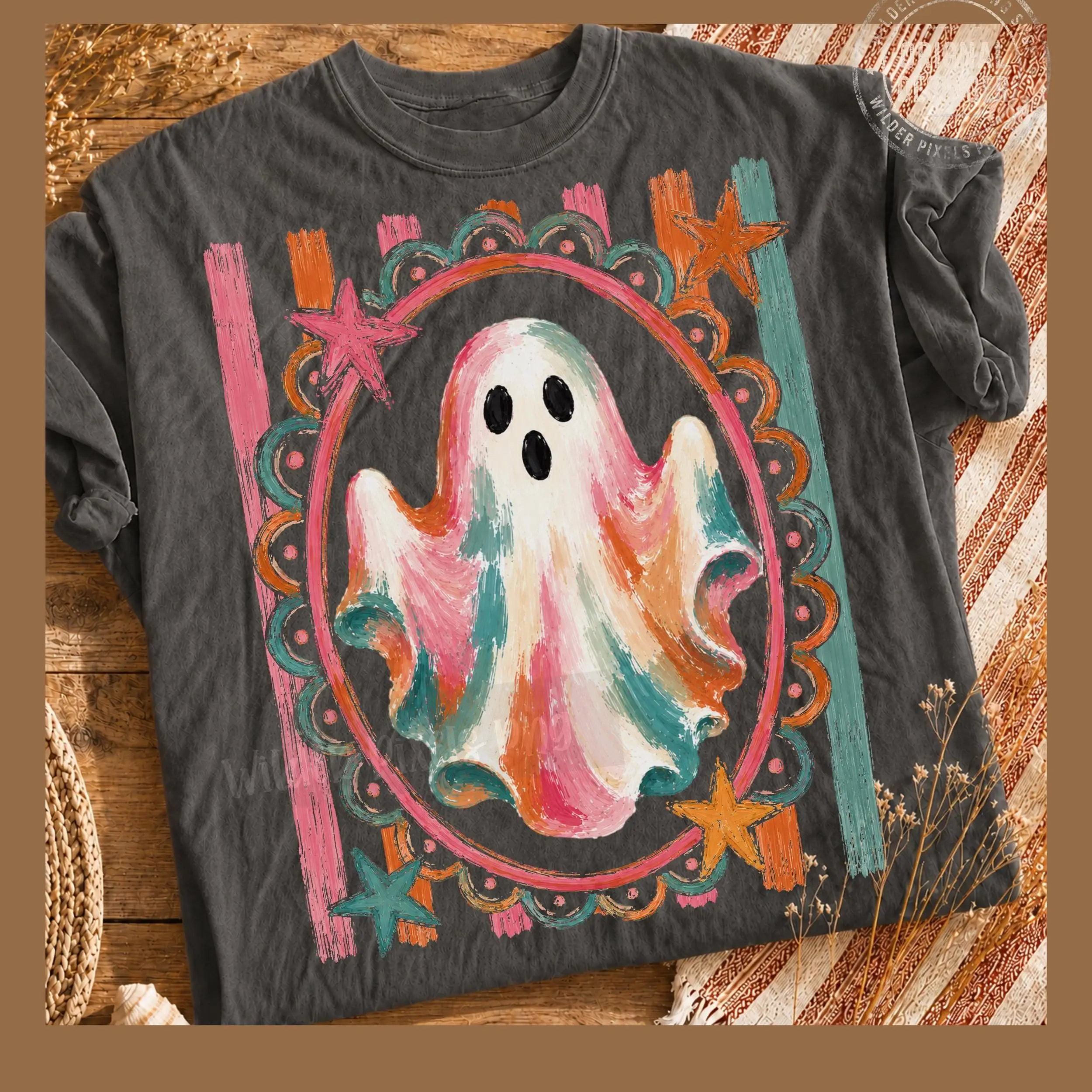 Rustic Ghost Witch Pumpkin Stripes Fall T-Shirt for Women, Vintage Autumn Graphic Tee, Cozy Minimalist Halloween Mom Top - photo 4