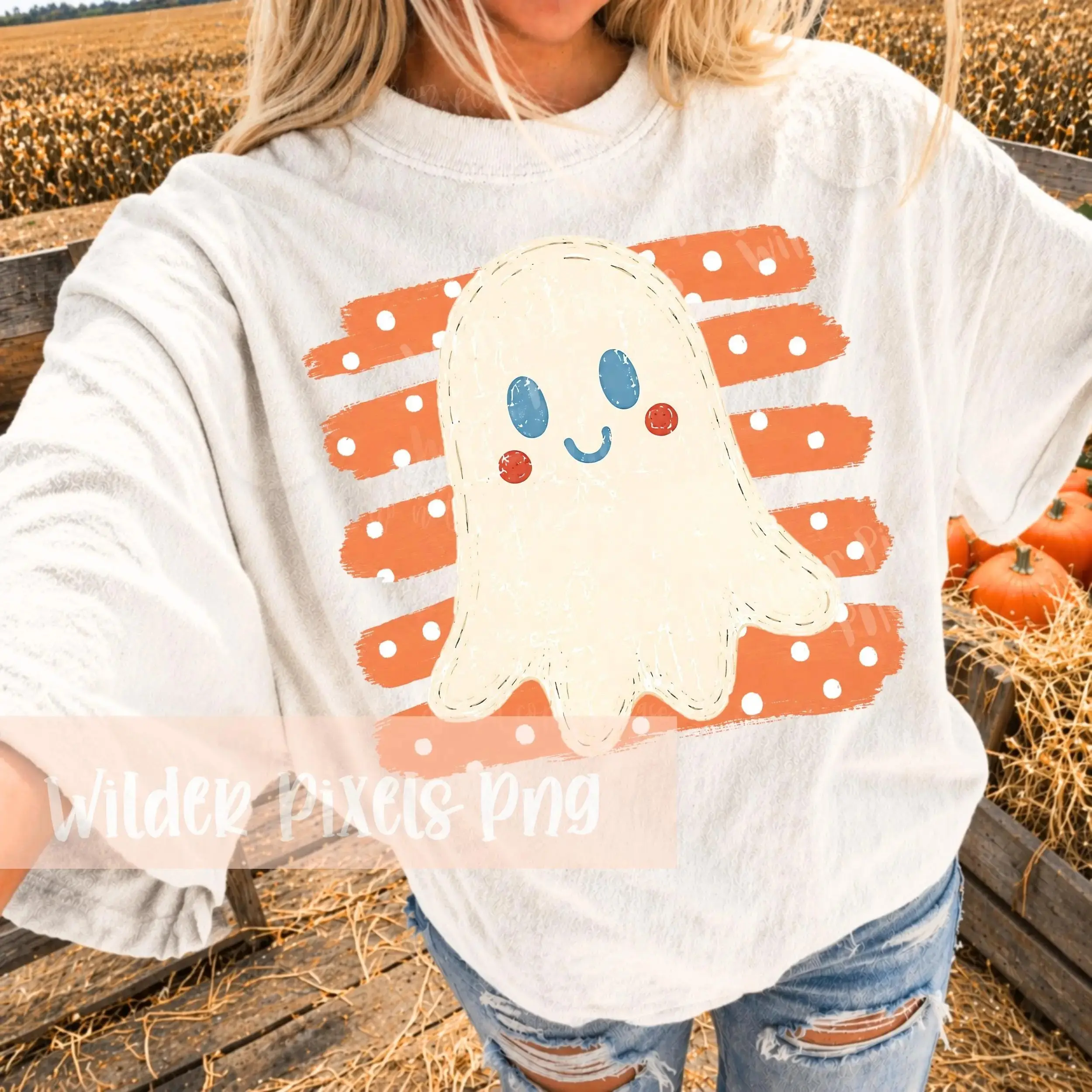 Rustic Vintage Ghost Witch Pumpkin Stripes Graphic Tee, Finger Paint Cozy Minimalist Mom Autumn Halloween Shirt