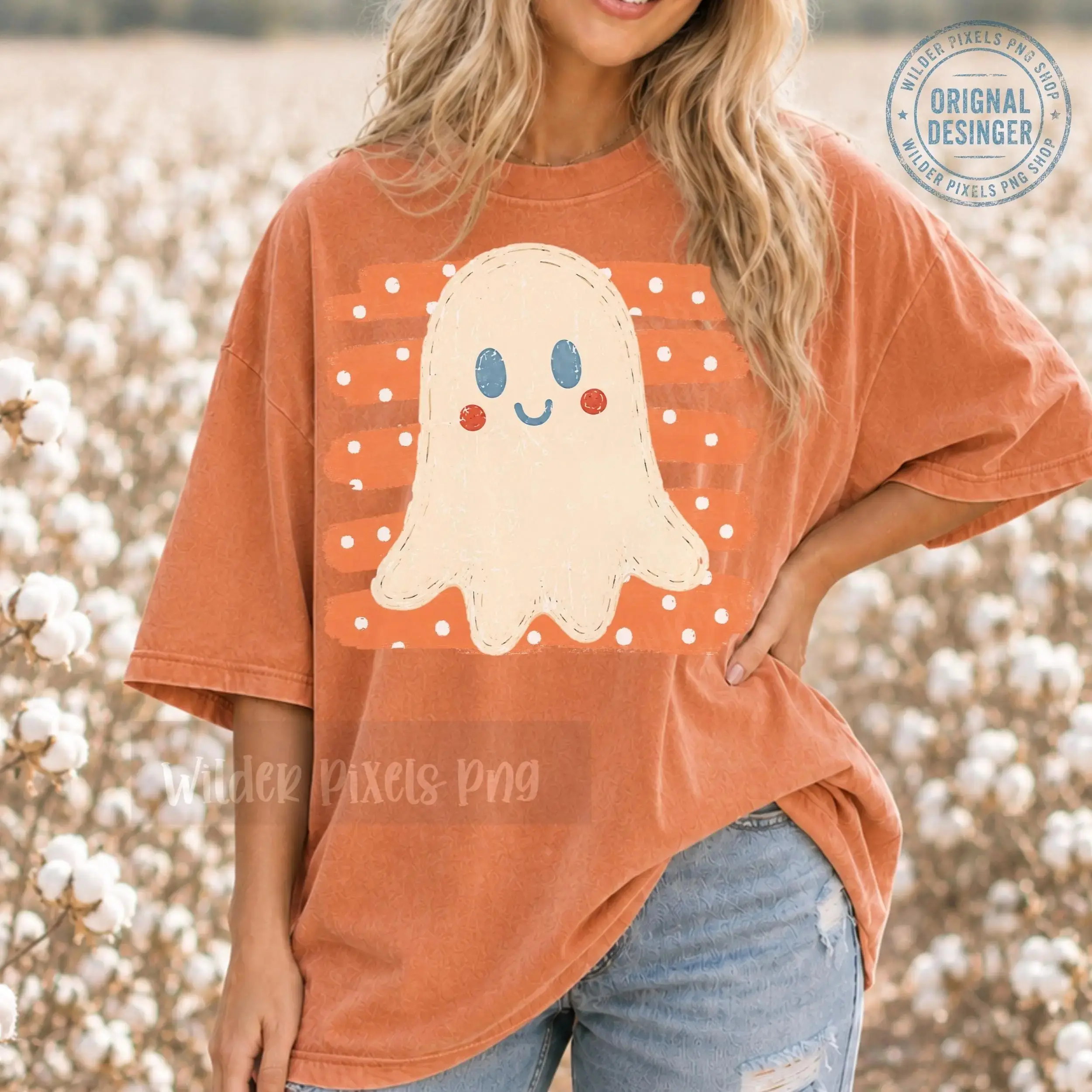 Rustic Vintage Ghost Witch Pumpkin Stripes Graphic Tee, Finger Paint Cozy Minimalist Mom Autumn Halloween Shirt - photo 2