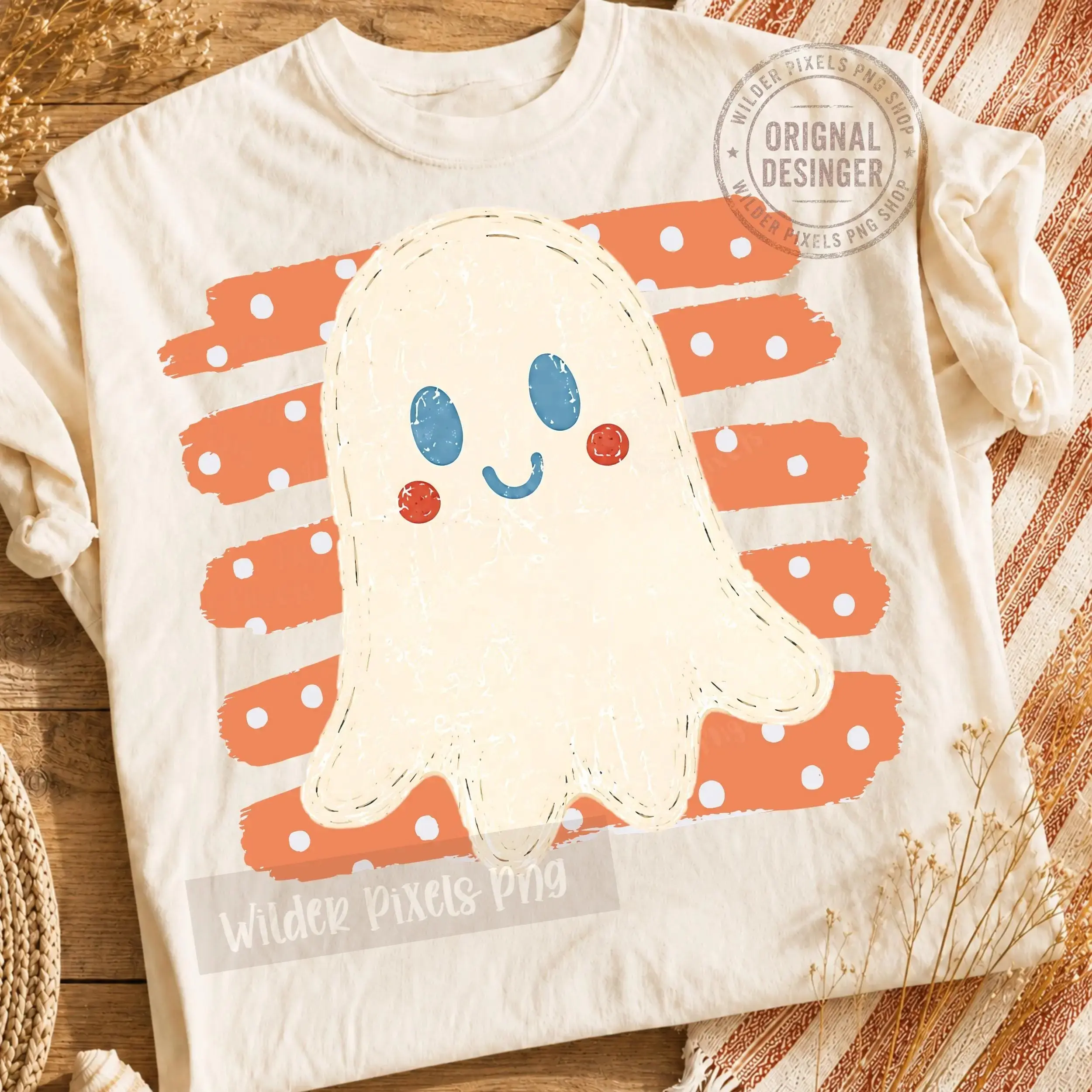 Rustic Vintage Ghost Witch Pumpkin Stripes Graphic Tee, Finger Paint Cozy Minimalist Mom Autumn Halloween Shirt - photo 3