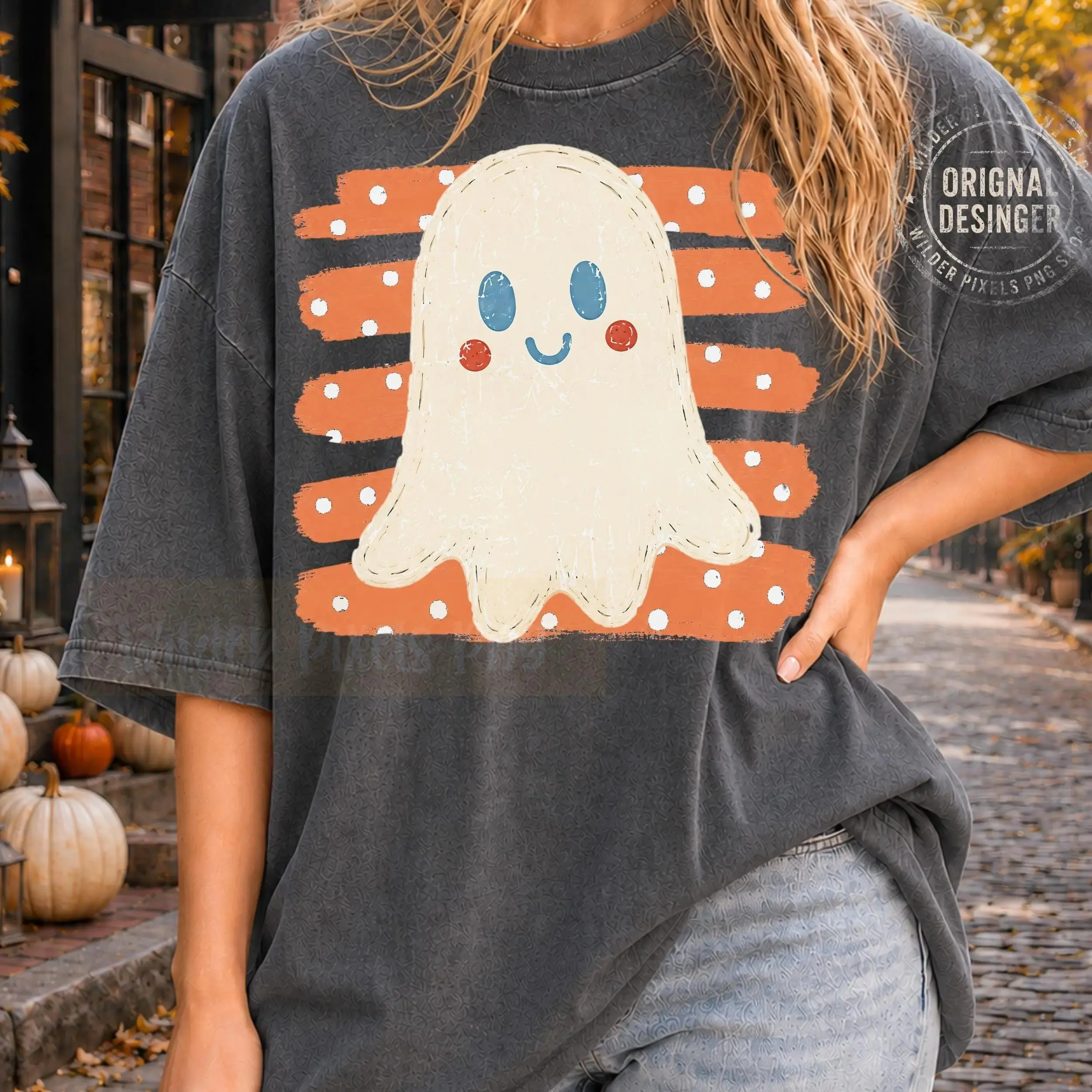 Rustic Vintage Ghost Witch Pumpkin Stripes Graphic Tee, Finger Paint Cozy Minimalist Mom Autumn Halloween Shirt - photo 4