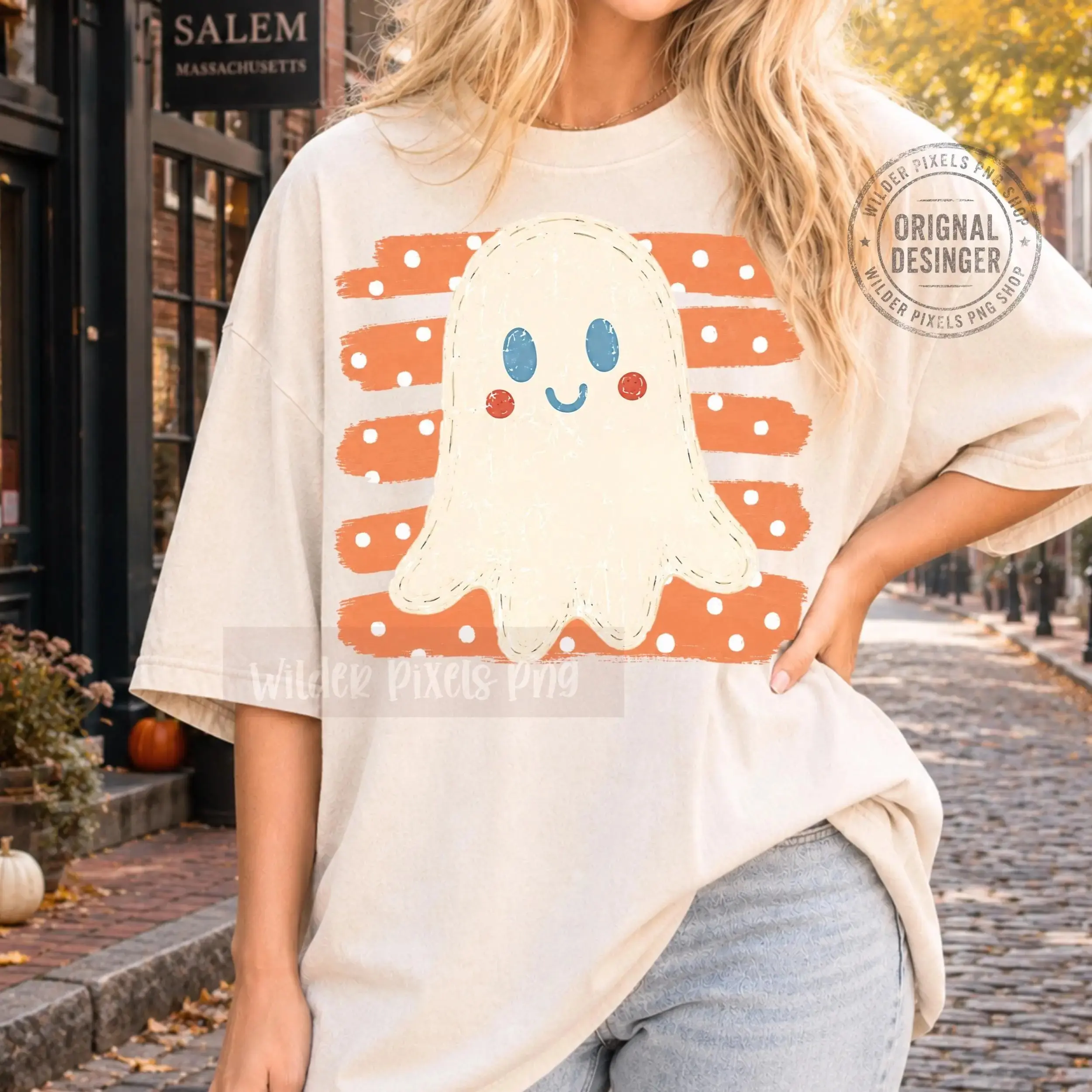 Rustic Vintage Ghost Witch Pumpkin Stripes Graphic Tee, Finger Paint Cozy Minimalist Mom Autumn Halloween Shirt - photo 5