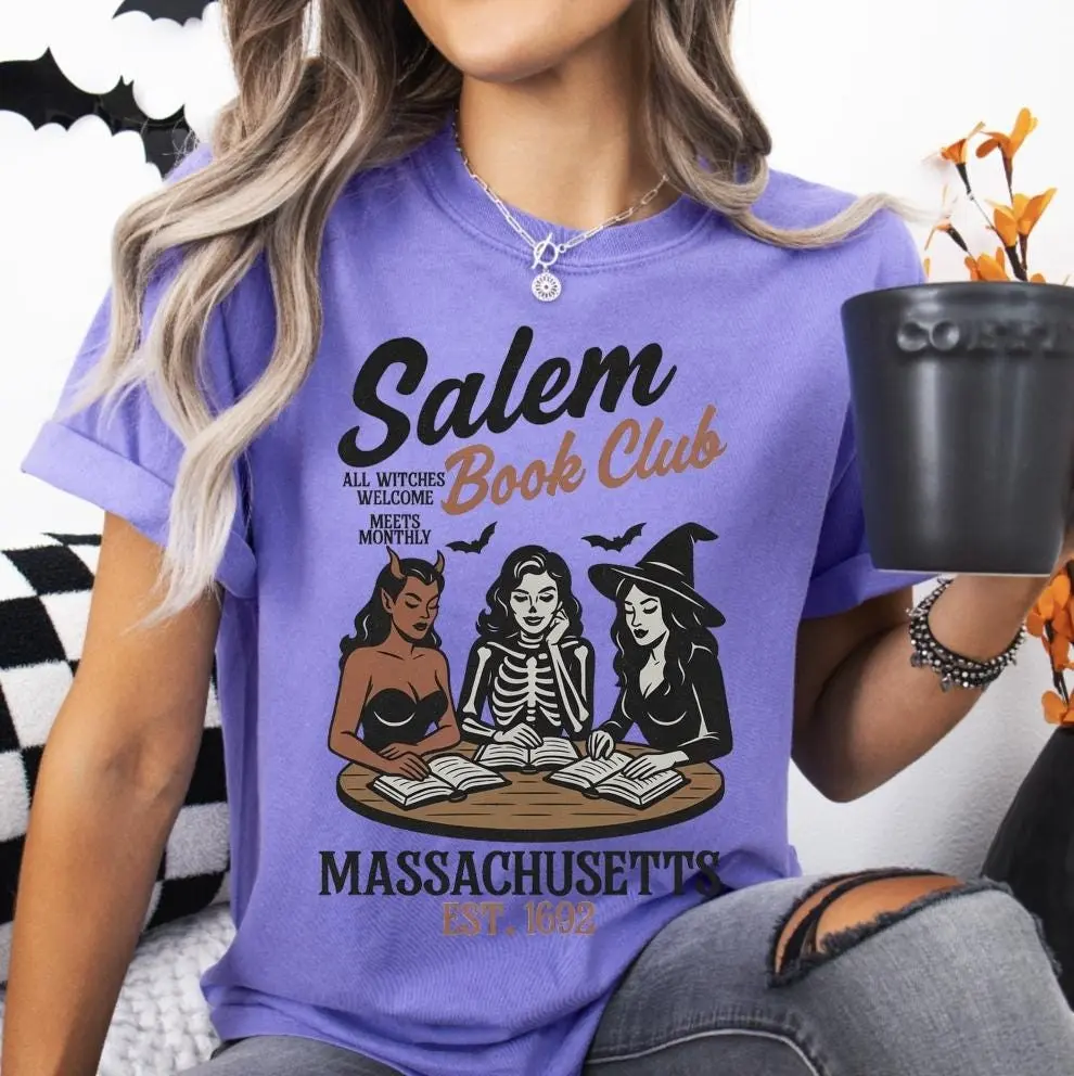 Comfort Colors Salem Book Club Vintage Graphic Shirt, Witches Bookish Halloween Tee, Spooky Season Gift for Women