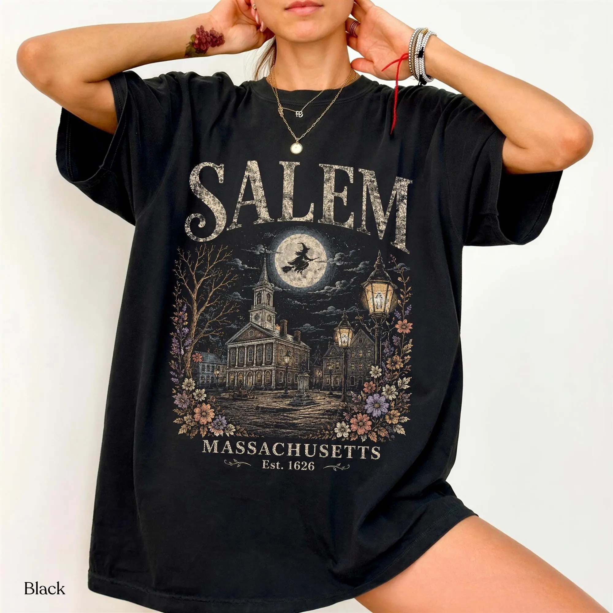 Salem Massachusetts Halloween Sweatshirt or T-Shirt, Vintage Witch City Graphic - photo 2