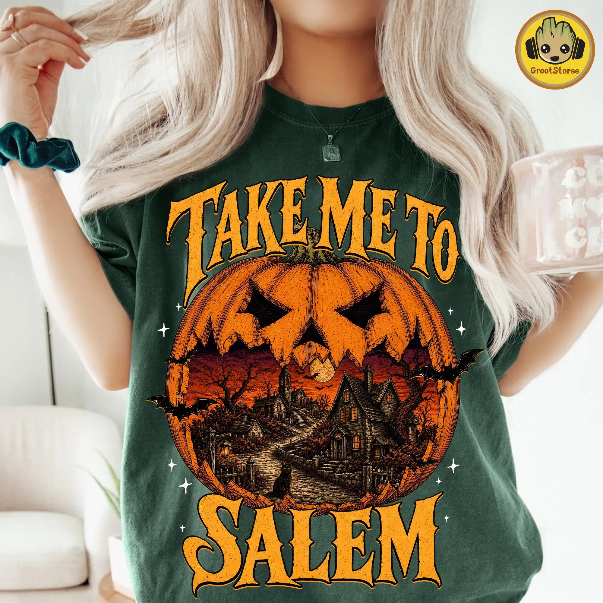 Salem Witch Halloween Shirt, Retro Haunted Pumpkin Spooky Season Vintage Fall Sublimation Ladies Tee - photo 3
