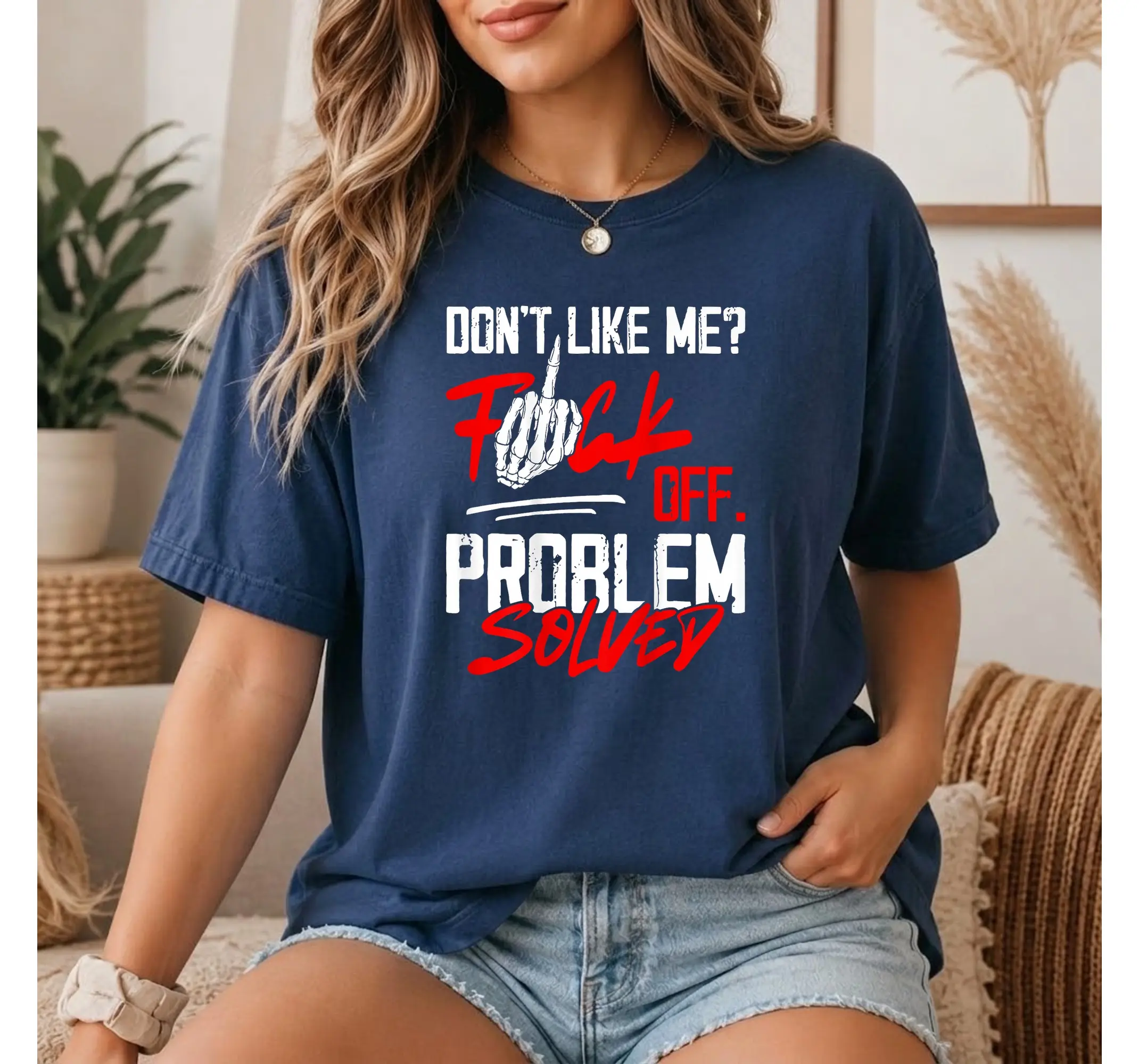 Sarcastic Skeleton Graphic Tee, Edgy Anti-Social Quote Funny Dark Humor Problem Solved Shirt