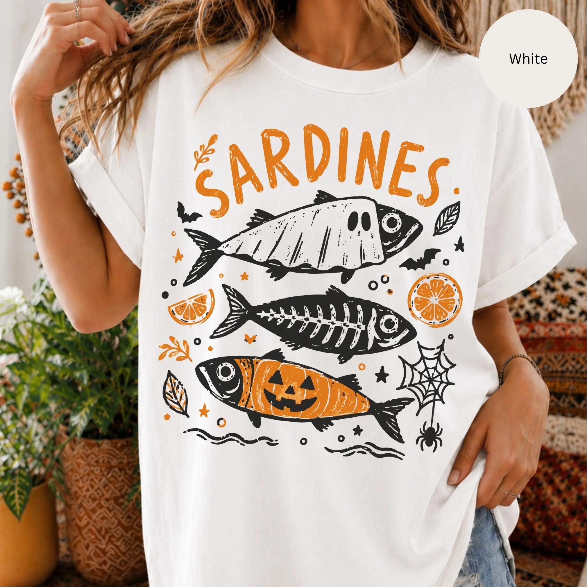 Sardines Halloween Sweatshirt, Funny Spooky Fish Graphic Crewneck, Fall Season Gift - photo 2