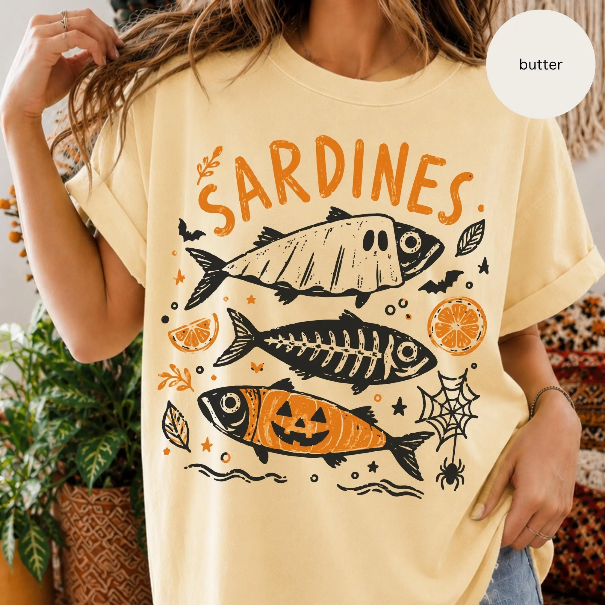 Sardines Halloween Sweatshirt, Funny Spooky Fish Graphic Crewneck, Fall Season Gift - photo 3