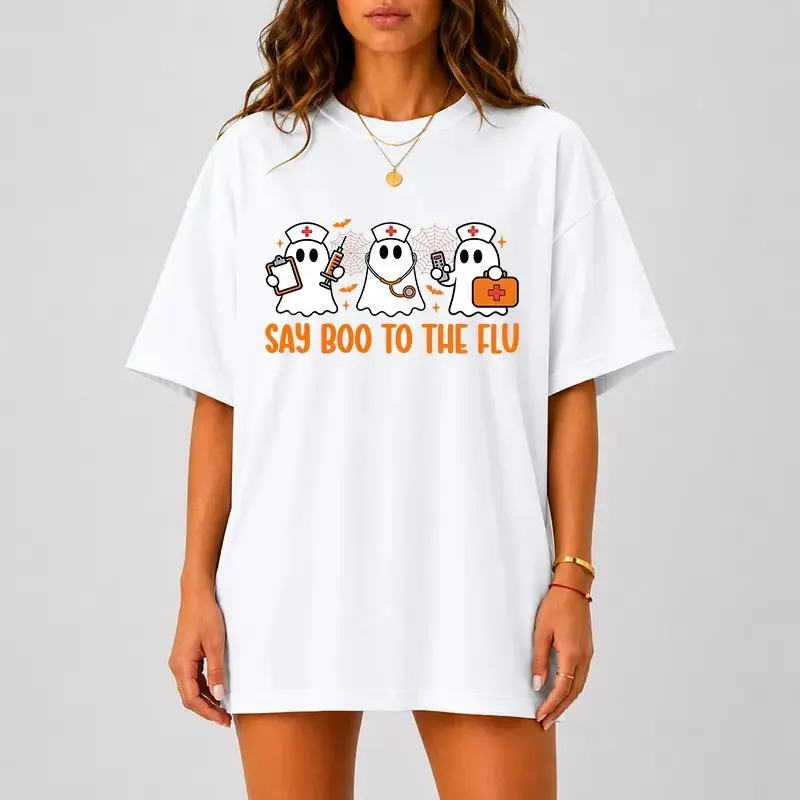 Say Boo To The Flu Shirt, Funny Halloween Nurse Tee, Cute Ghost Comfort Colors Spooky Healthcare Graphic Top - photo 2