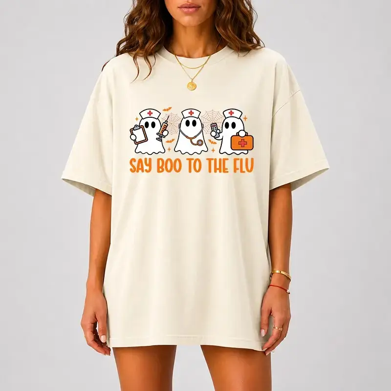 Say Boo To The Flu Shirt, Funny Halloween Nurse Tee, Cute Ghost Comfort Colors Spooky Healthcare Graphic Top - photo 3
