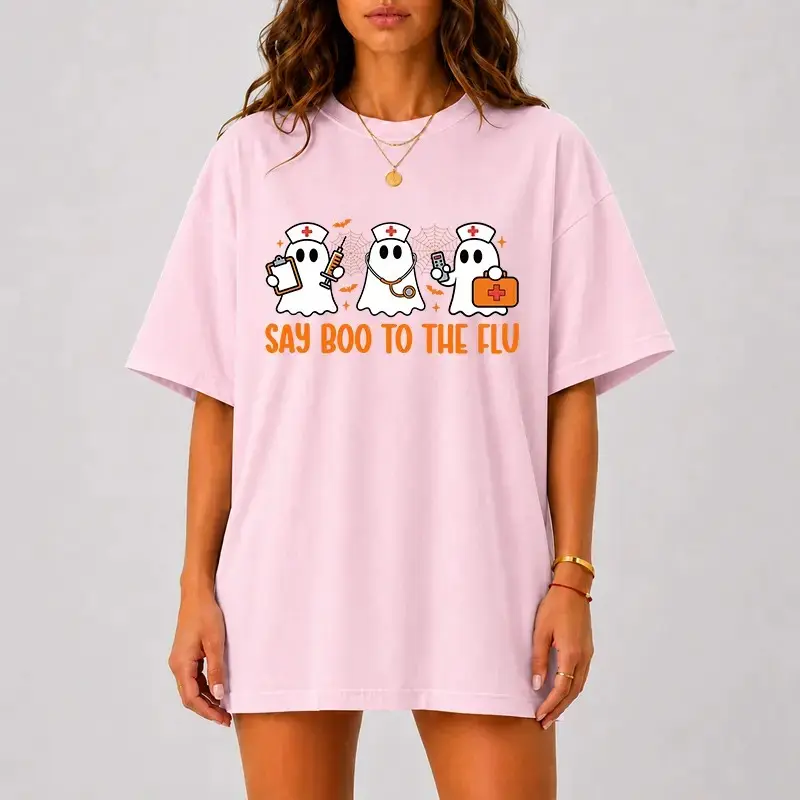 Say Boo To The Flu Shirt, Funny Halloween Nurse Tee, Cute Ghost Comfort Colors Spooky Healthcare Graphic Top - photo 4