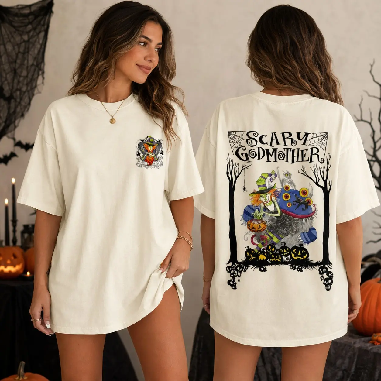 Comfort Colors Scary Godmother Double Sided Shirt, Old Movie Halloween Horror Graphic Tee - photo 1