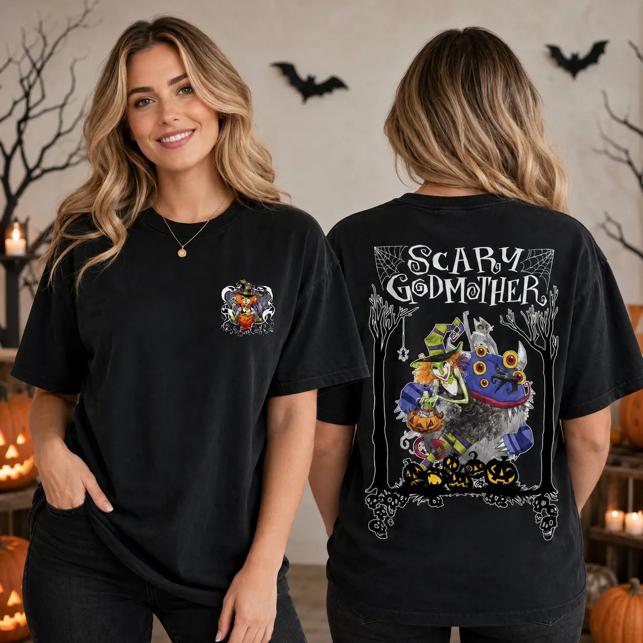 Comfort Colors Scary Godmother Double Sided Shirt, Old Movie Halloween Horror Graphic Tee - photo 2