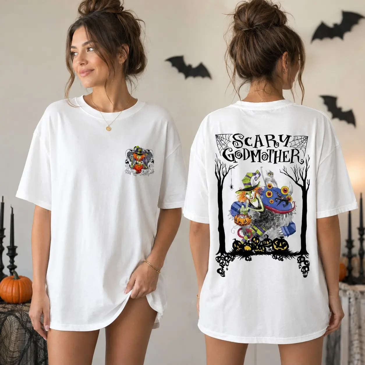 Comfort Colors Scary Godmother Double Sided Shirt, Old Movie Halloween Horror Graphic Tee - photo 3