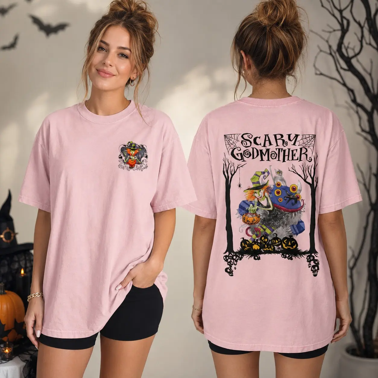 Comfort Colors Scary Godmother Double Sided Shirt, Old Movie Halloween Horror Graphic Tee - photo 5
