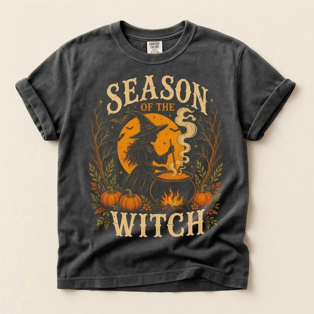 Season Of The Witch Shirt, Comfort Colors Cauldron Pumpkin Vintage Retro Halloween Moon Spooky Womens Tee