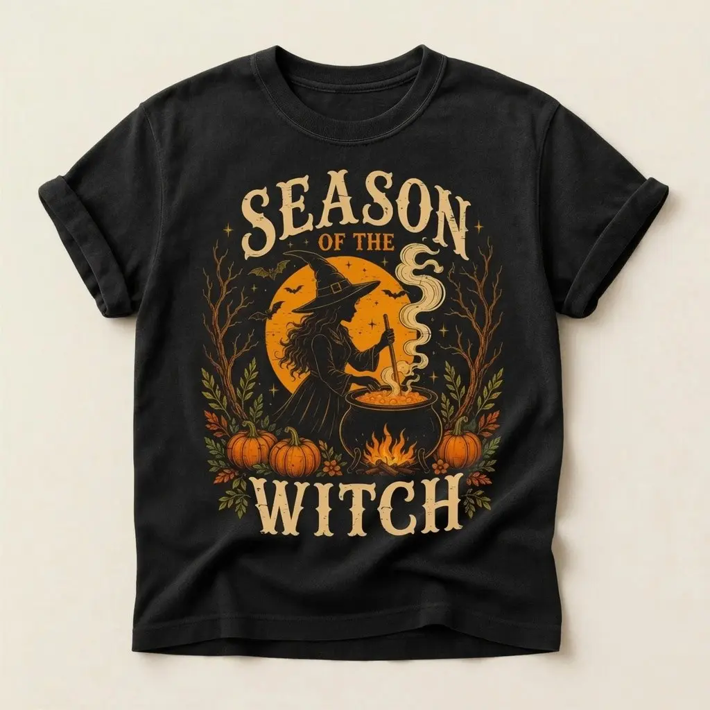 Season Of The Witch Shirt, Comfort Colors Cauldron Pumpkin Vintage Retro Halloween Moon Spooky Womens Tee - photo 2