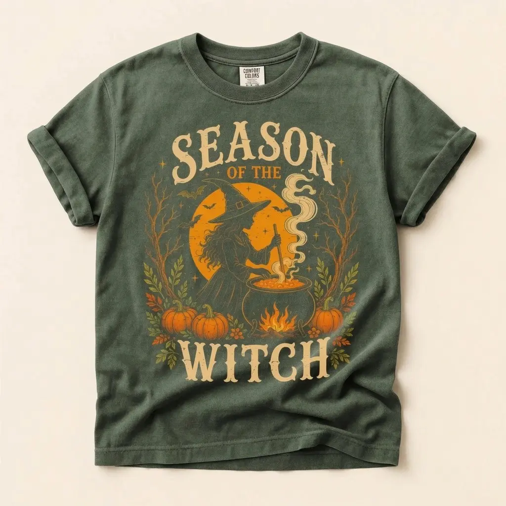 Season Of The Witch Shirt, Comfort Colors Cauldron Pumpkin Vintage Retro Halloween Moon Spooky Womens Tee - photo 3