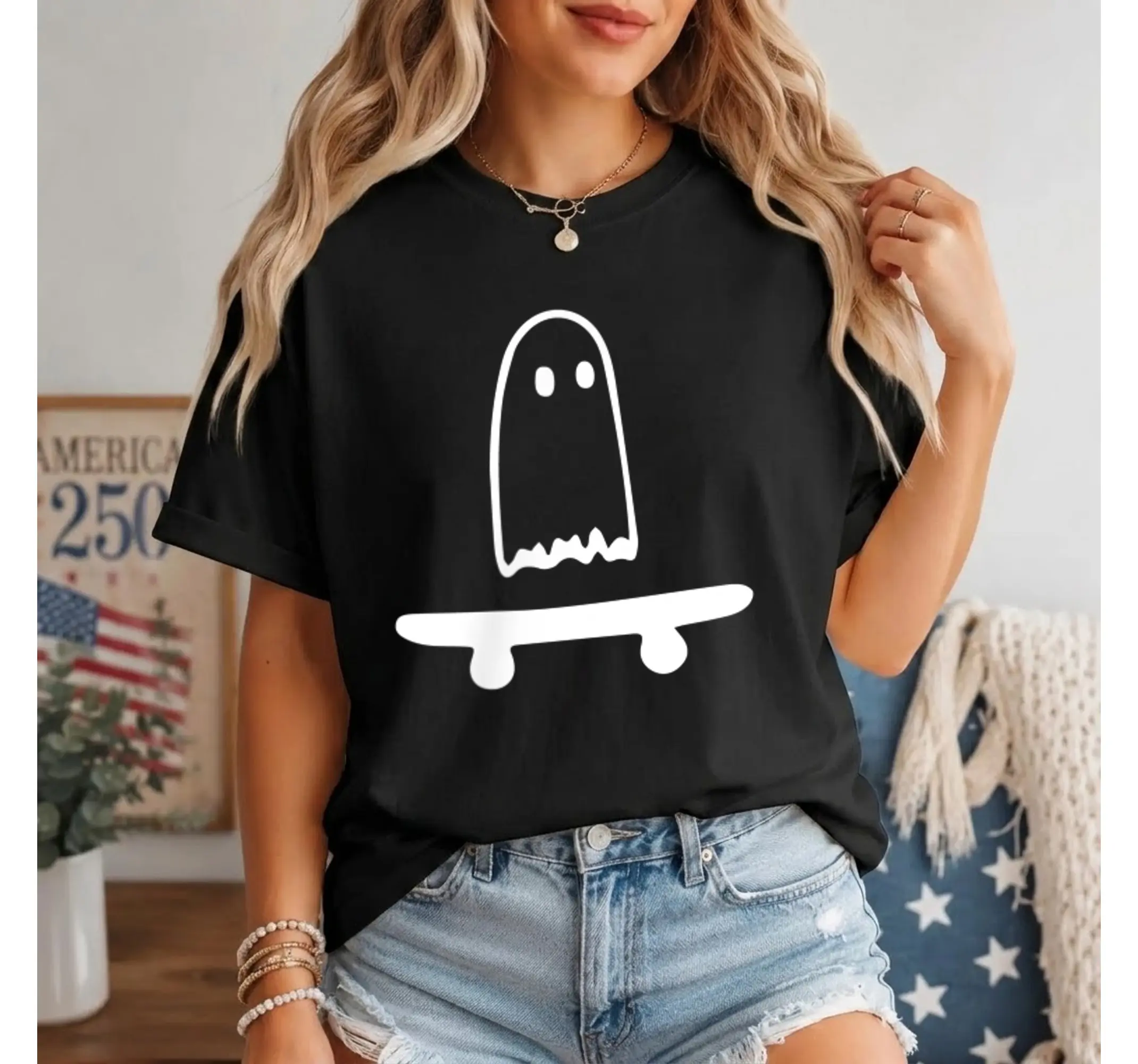 Skateboard Ghost Graphic Tee, Funny Easy Halloween Costume Skater Shirt