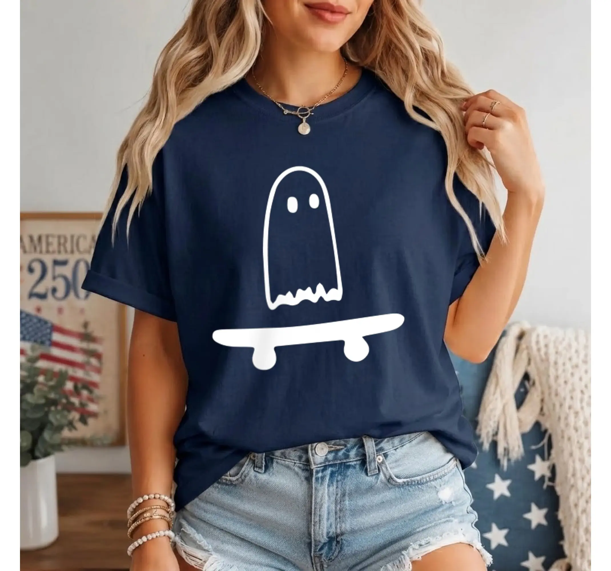 Skateboard Ghost Graphic Tee, Funny Easy Halloween Costume Skater Shirt - photo 2
