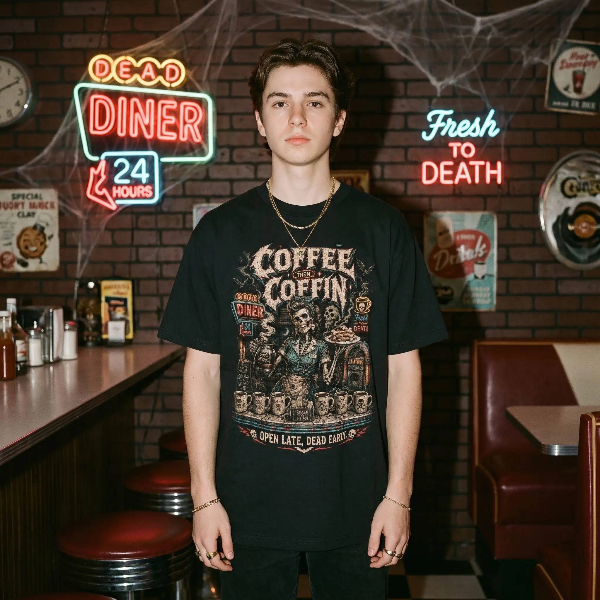 Skeleton Barista Shirt, Halloween Coffee Lover Tee, Gothic Cafe Worker Apparel - photo 3