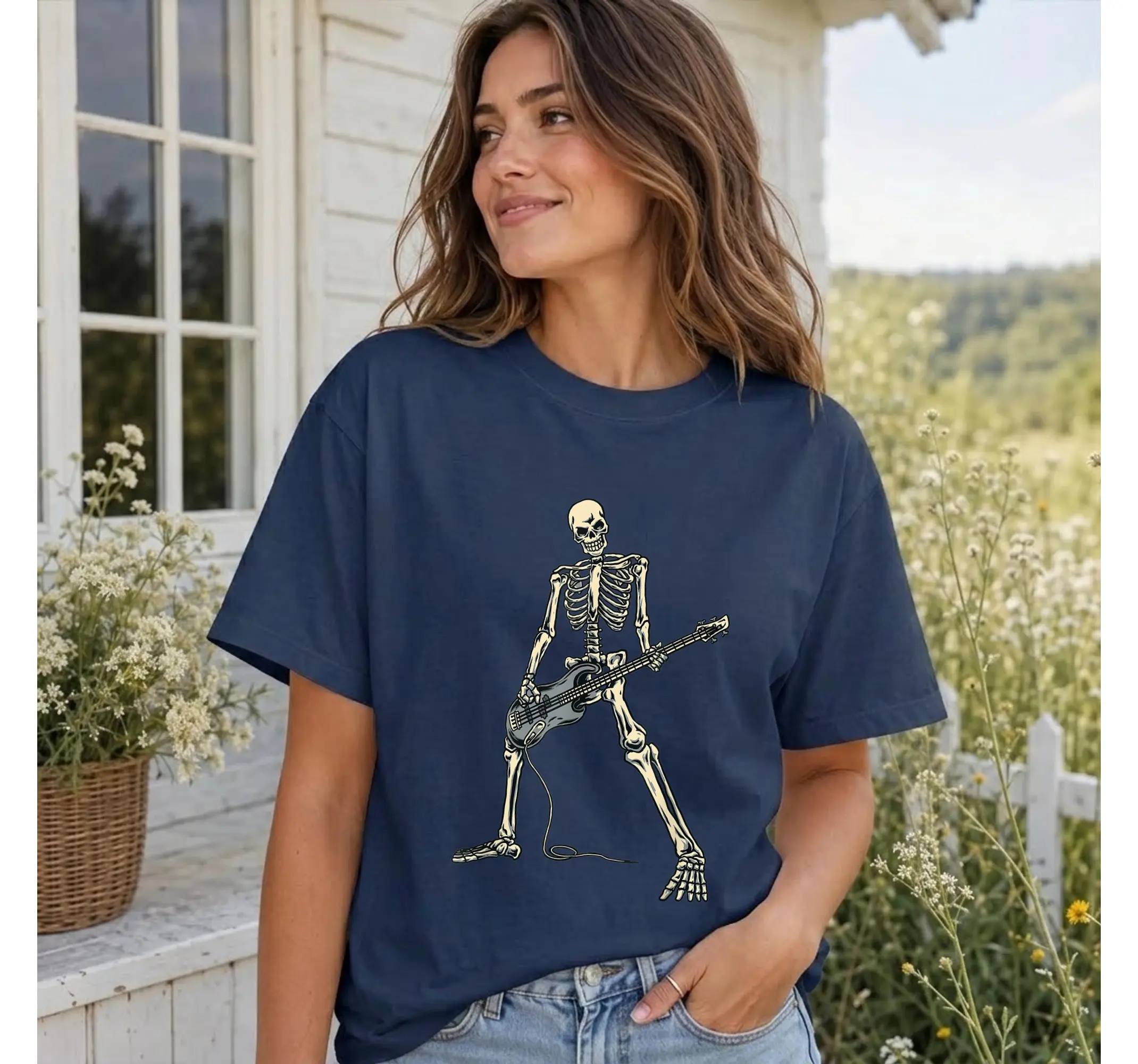 Skeleton Bassist T-Shirt, Funny Bass Guitar Player Graphic Tee for Musicians