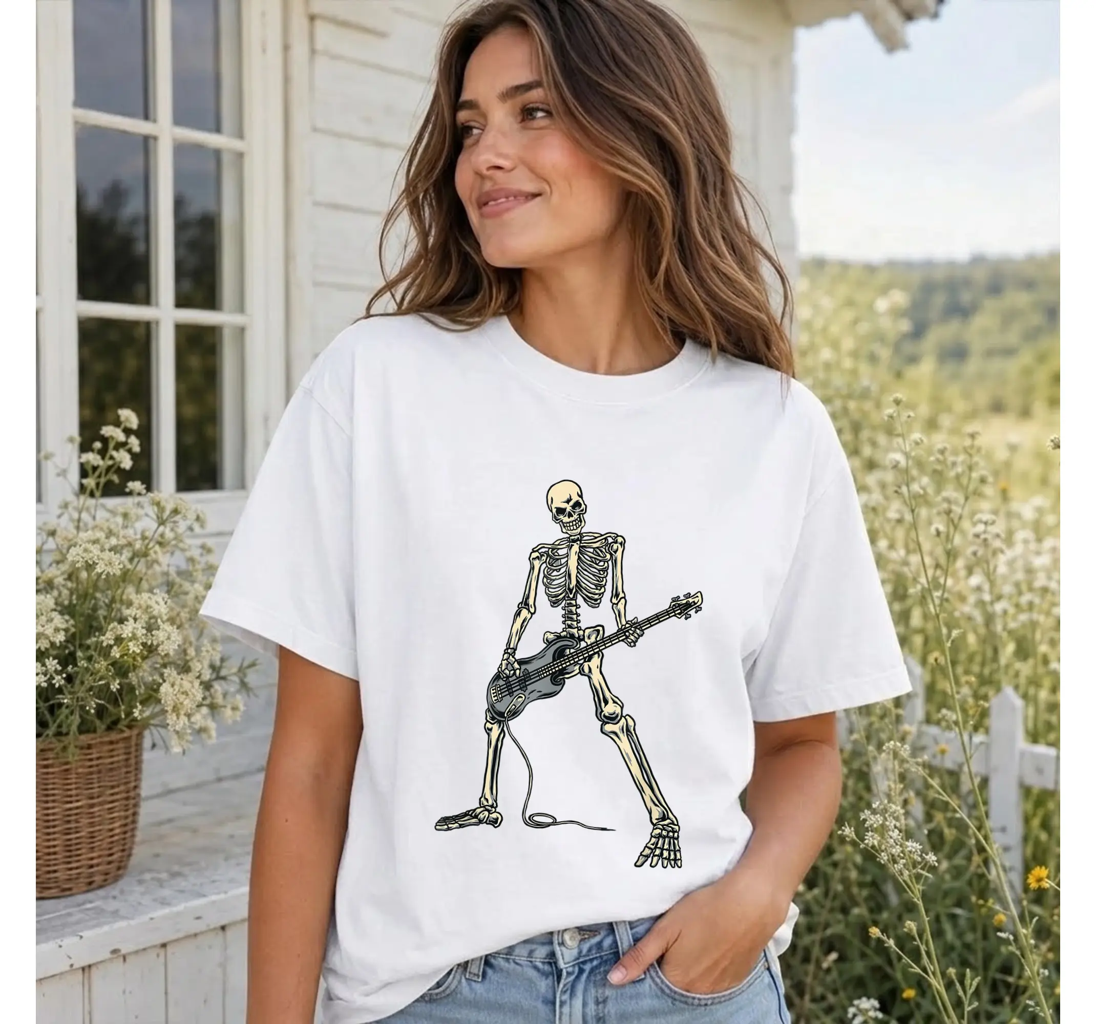 Skeleton Bassist T-Shirt, Funny Bass Guitar Player Graphic Tee for Musicians - photo 2
