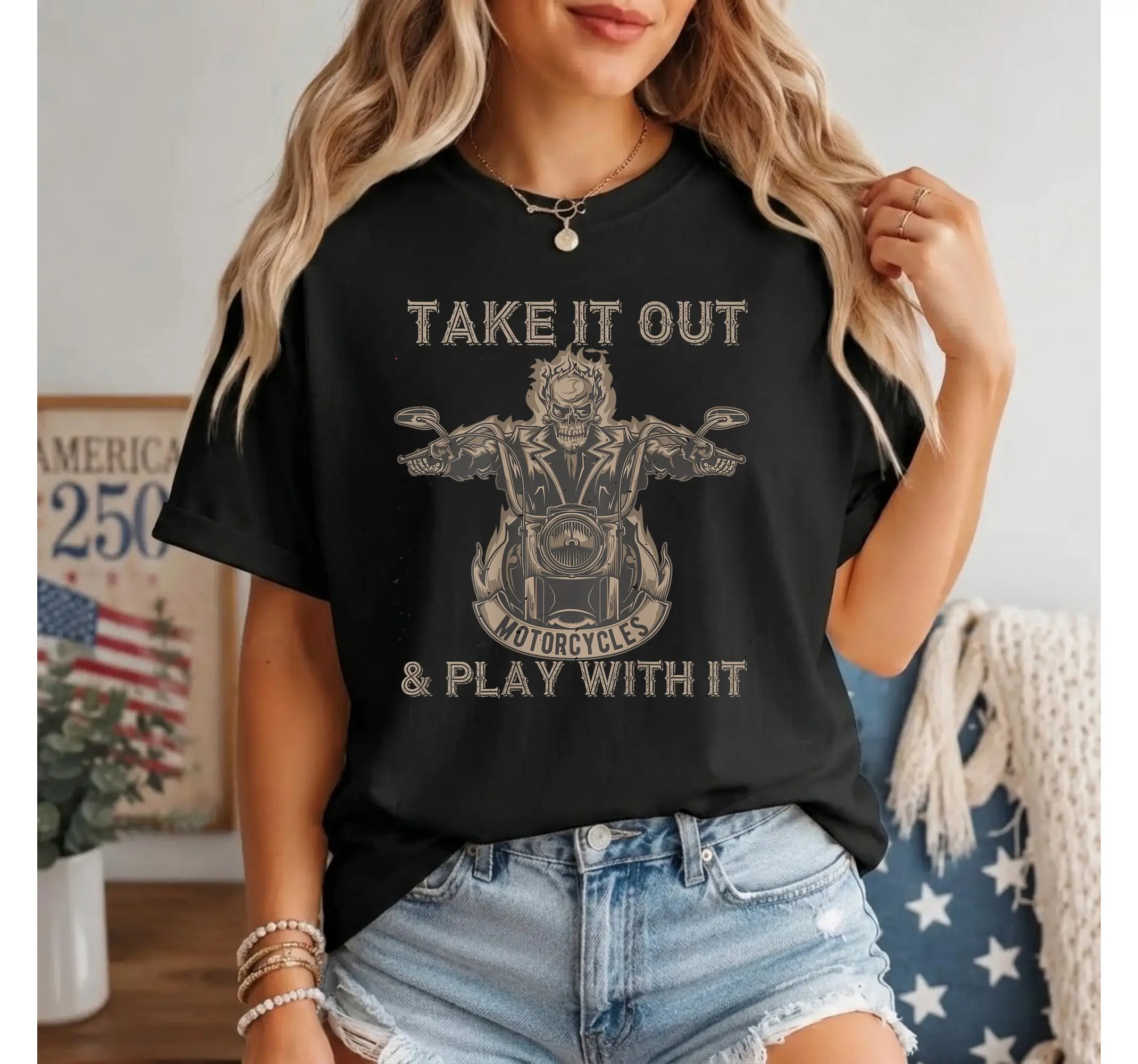 Skeleton Biker Graphic Tee, Funny Motorcycle Rider Back Print Moto Apparel Shirt