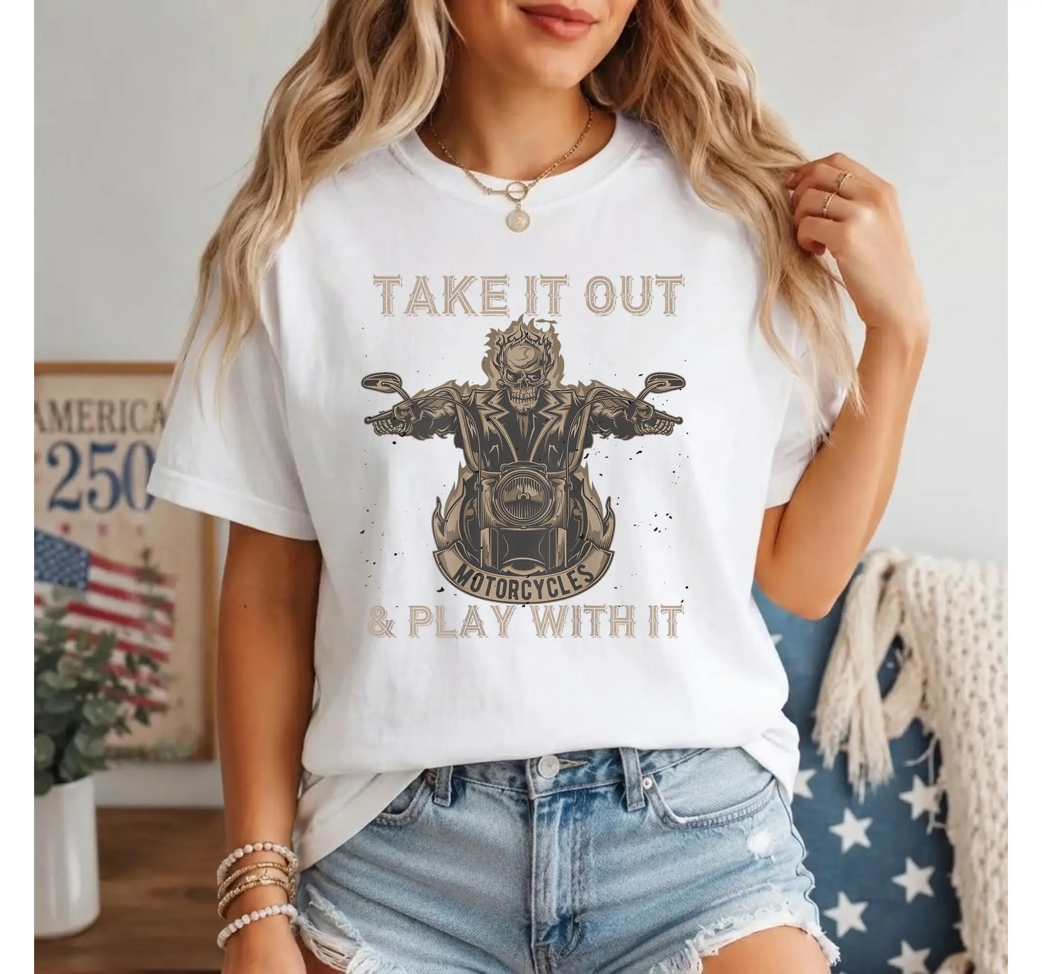 Skeleton Biker Graphic Tee, Funny Motorcycle Rider Back Print Moto Apparel Shirt - photo 2