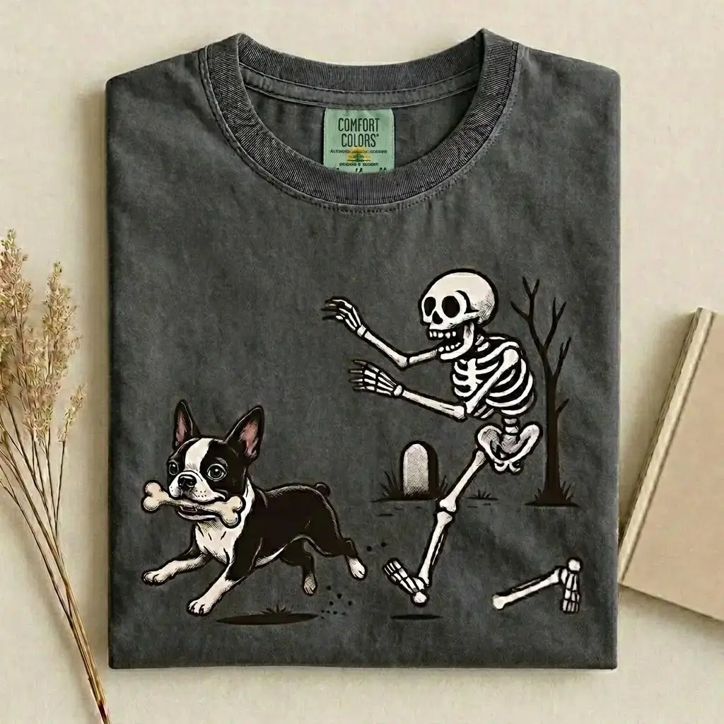 Comfort Colors Skeleton Dog Chasing Bones Shirt, Retro Halloween Dog Mom Tee, Funny Spooky Fall Dog Lover Top - photo 4