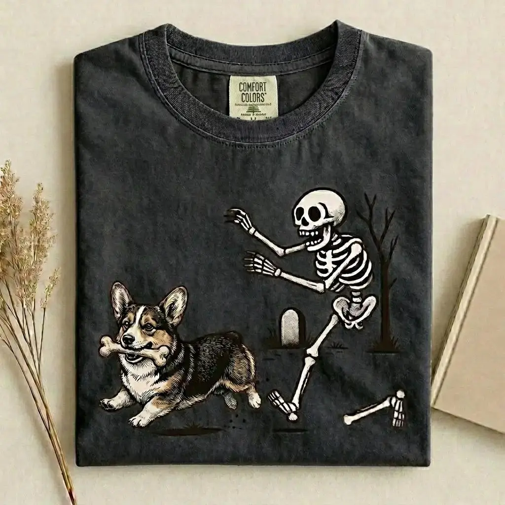 Comfort Colors Skeleton Dog Chasing Bones Shirt, Retro Halloween Dog Mom Tee, Funny Spooky Fall Dog Lover Top - photo 5