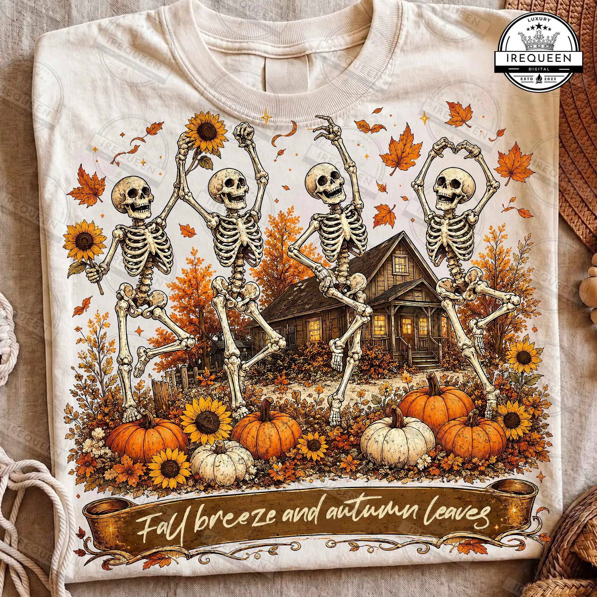 Comfort Colors Skeleton Fall T-Shirt, Pumpkin Spice Autumn Leaves Retro Halloween Graphic Tee
