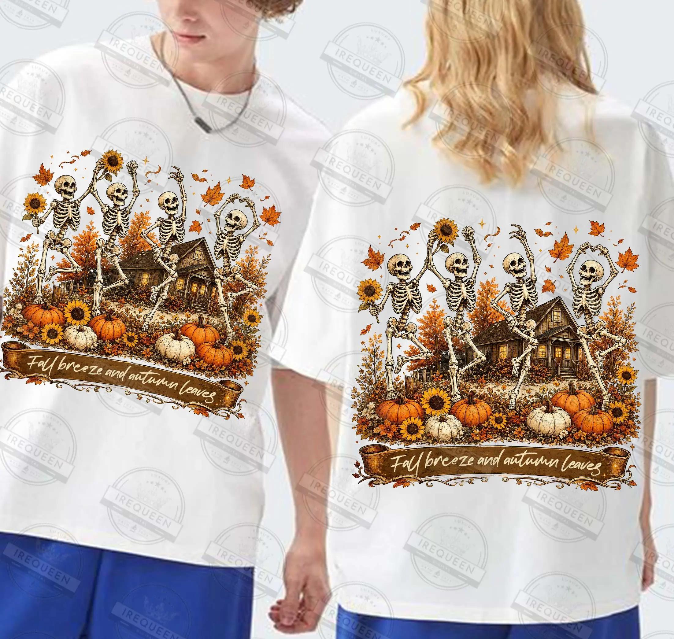 Comfort Colors Skeleton Fall T-Shirt, Pumpkin Spice Autumn Leaves Retro Halloween Graphic Tee - photo 2