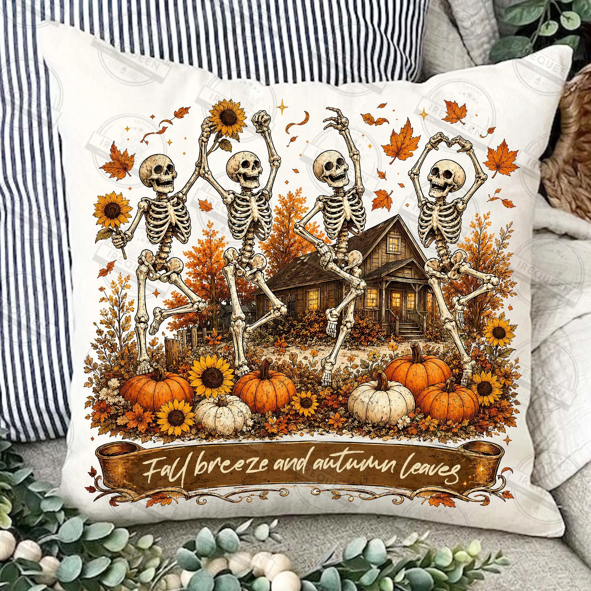 Comfort Colors Skeleton Fall T-Shirt, Pumpkin Spice Autumn Leaves Retro Halloween Graphic Tee - photo 3
